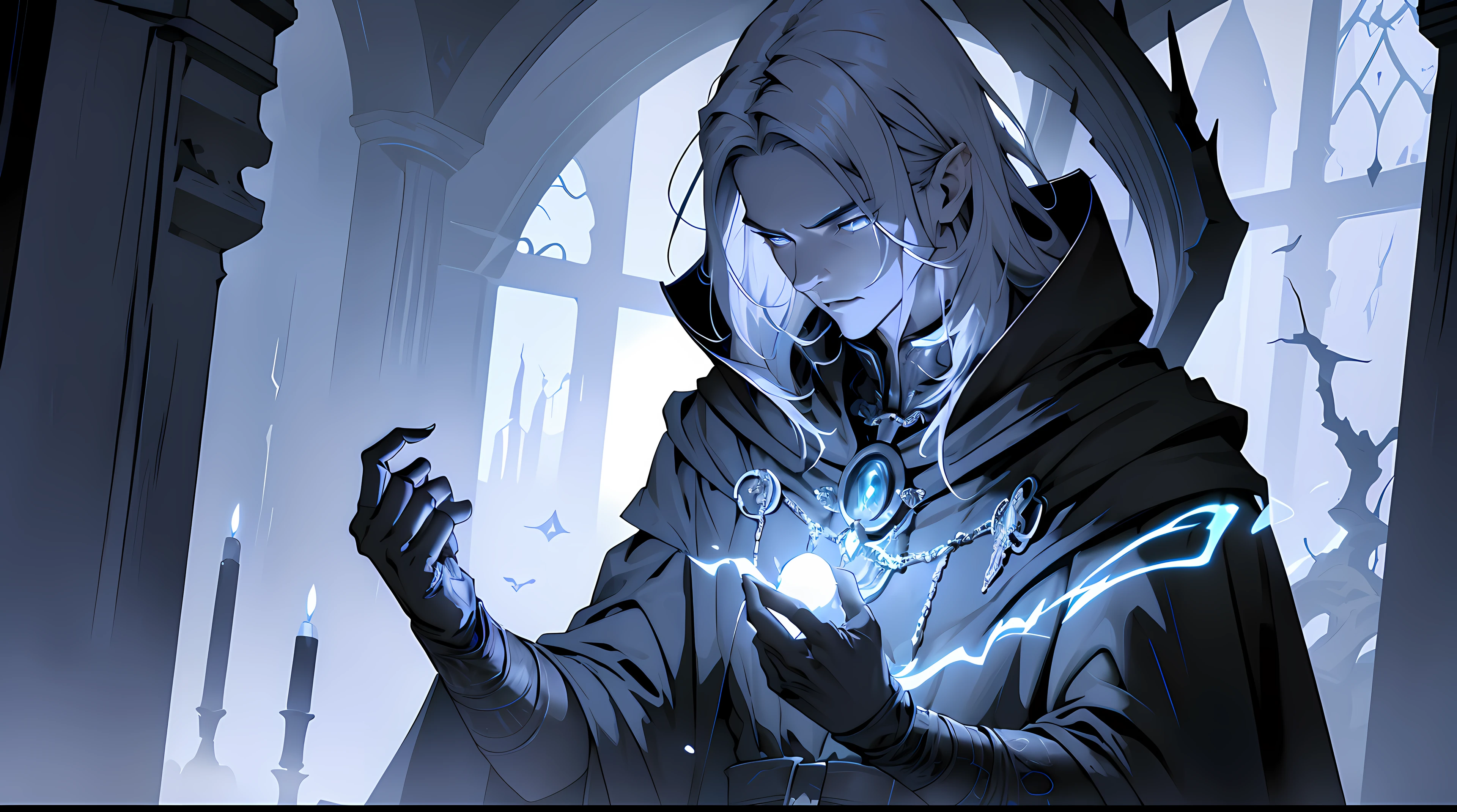 (Ultra detailed), (masterpiece), (best quality), (very detailed CG unit 8k wallpaper), a shadowy necromancer in his lair, (male), morbid appearance, black cloak, ELDEN RING, ((visible magical aura)), (((upper body))), dim light, soft light, concept art, dimly lit, forbidden magic accessories, cinematic, highly detailed, stylized wallpaper