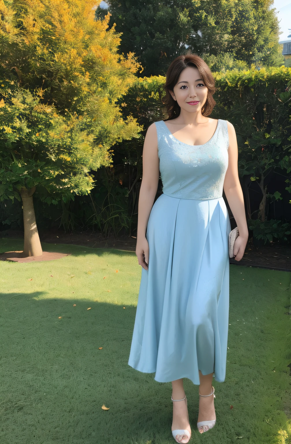 45-year-old middle-aged aunt, with wrinkles on his face, busty figure, Makeup, Elegant light blue top, A plump chest, a black skirt, Wavy hair, looking to the camera, with wrinkles on his face, Wear high heels, There are slight wrinkles on the face, ssmile, ((Seductive expressions)), Stand in a park with a lot of people, There are ginkgo trees that turn yellow in autumn, Front lens, Full body like, Wear high heels, messy hair, curly hair, medium hair, ray tracing, high detail, UHD, masterpiece, textured skin, best quality, highres