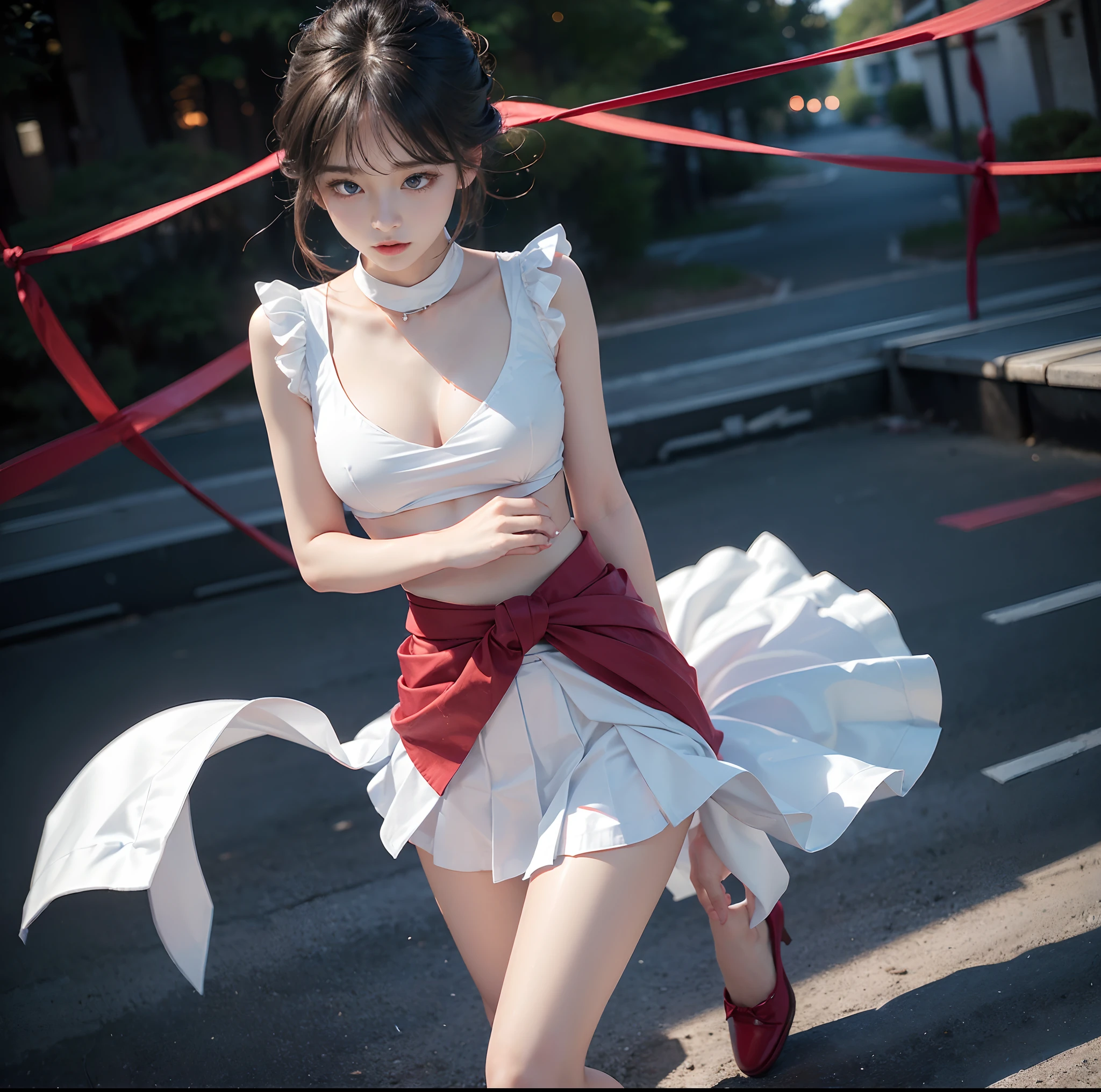 (top-quality, 4K picture quality, masterpiece, Professional lighting without shadows, A hyper-realistic), perfect anatomia, Two girls, ( with perfect body、Colossal breasts with tension:1.2), Bright and even whitening skin without wrinkles and steps, (Reflects a lot of light with bright and beautiful blue eyes with long eyelashes and plump red tear bags:1.2)、 Cute hairstyles, (School girl uniforms get wet and stick to the skin, A tight-fitting blouse made of white ultra-thin fabric covers the upper body,、Dress up with a super short super mini pleated skirt), (The skirt is so short that it looks like a small piece of cloth wrapped around the waist:1.5), (She proudly shows off her huge breasts and crimson ribbon tie from the front), (Another girl on the other side、- She is showing off her bare buttocks from directly behind), (sleepy half-eyes),