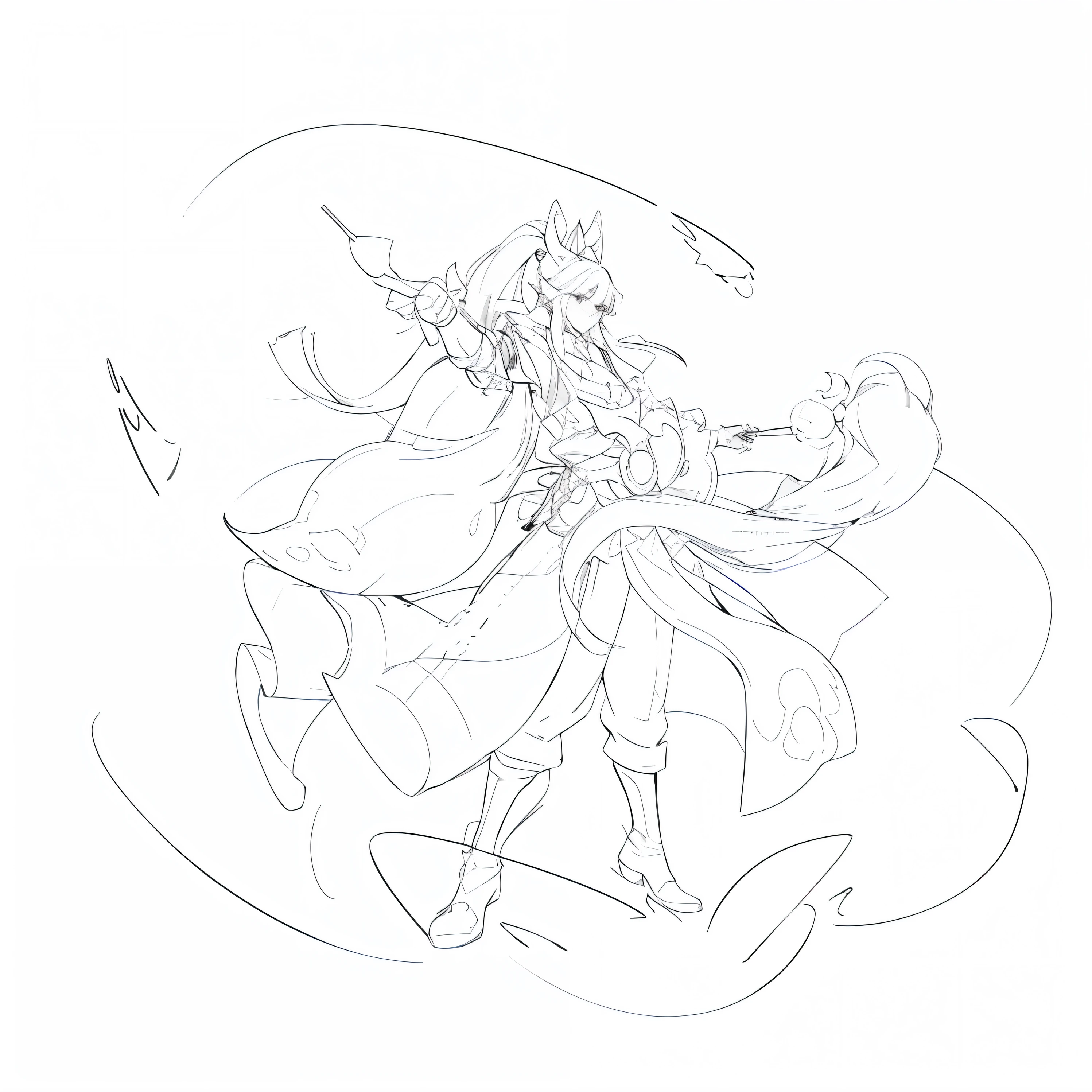 a drawing,The painting depicts a man in a long skirt holding an egg beater, clean lineart, clean anime outlines, bold lineart, perfect lineart, intense line art, Simple lines of art, thick lineart, linear art, Outline sketch, Line sketch, lineart behance hd, heavy lineart, thick line art, outlined art, variable lineart, Ink outline,long whitr hair,pony tails,clean lineart,The outer contour is bold,Gorgeous boots