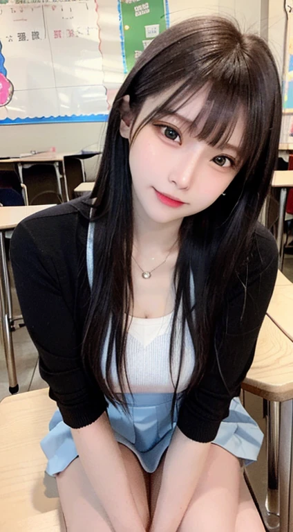 bright expression、photorealisim、top-quality、超A high resolution、a picture、Photos of the most beautiful Nordic girls、Detailed cute and beautiful face、a small face、(pureerosface_v1:0.008)、Beautiful bangs、alice in the wonderland、、(thighs thighs thighs thighs:1.2)、full body Esbian、Glowing white shiny skin、Pixie cut、Hair tangled in the face、Bangs that extend to the face、bangss、Hair between the eyes、Silky hair of attractive black color、finer hair、Bright, Clear light blue eyes shine attractively、(School uniform, Blazer:1.2)、(pleatedskirt:1.2)、eye liner、Sitting in a classroom、Double eyelids、medium breasts、Dynamic Pose