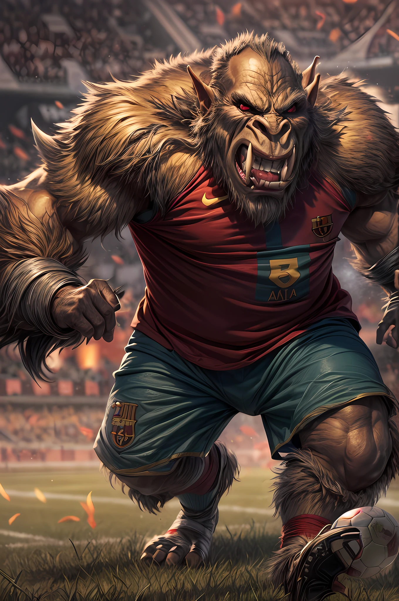 RPG art, fantasy art, a big orc playing soccer, a big orc grey skin, large tusks, furry skin, black eyes, there is a golden nose ring in his nose, wearing Barcelona Football club uniforms, he has the ball and runs towards the goal,