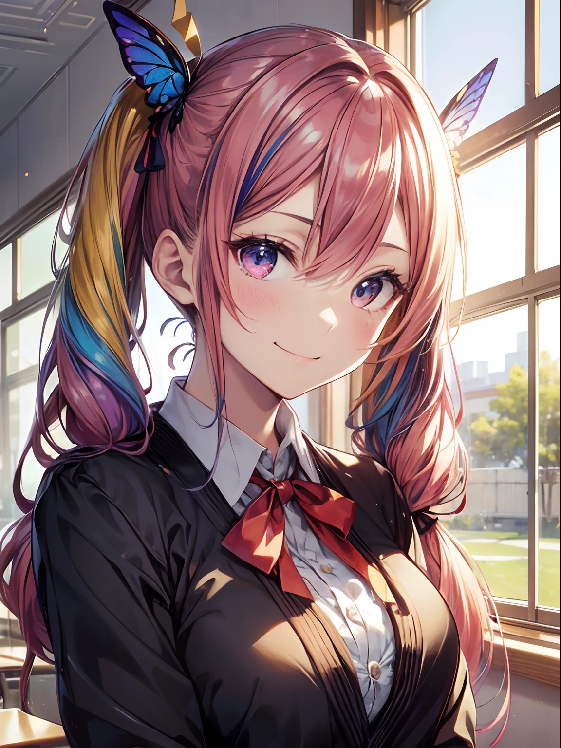 (masutepiece:1.3), (8K, Photorealistic, Raw photo, Best Quality: 1.4), Beautiful face, (Realistic face), Beautiful detailed eyes, (Realistic skin), Attractive, Intricate details,Golden ratio, 1 girl,Naughty smile, (rainbow hair:1.4),((Long twintails,Ribbon 1.4)),Schoolgirl Fashion,(Blue butterfly hair ornament),blazers,cleavage,Dynamic Pose,Dynamic Angle,Intricate details, Hyper realistic, Perfect Anatomy、only face、A smile、Smiling、Face enhancement、Inside the classroom、Studying