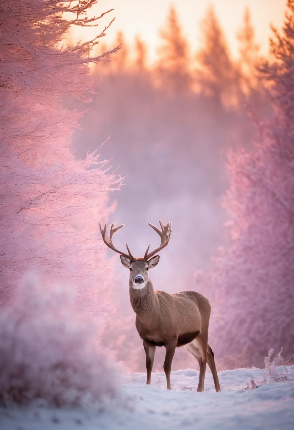 Beautiful natural landscape of rime in winter,The fluffy deciduous trees are covered with lilac and pink hoarfrost and snow caps at sunset,Capreolus pygargus,A white deer appears in the shot
