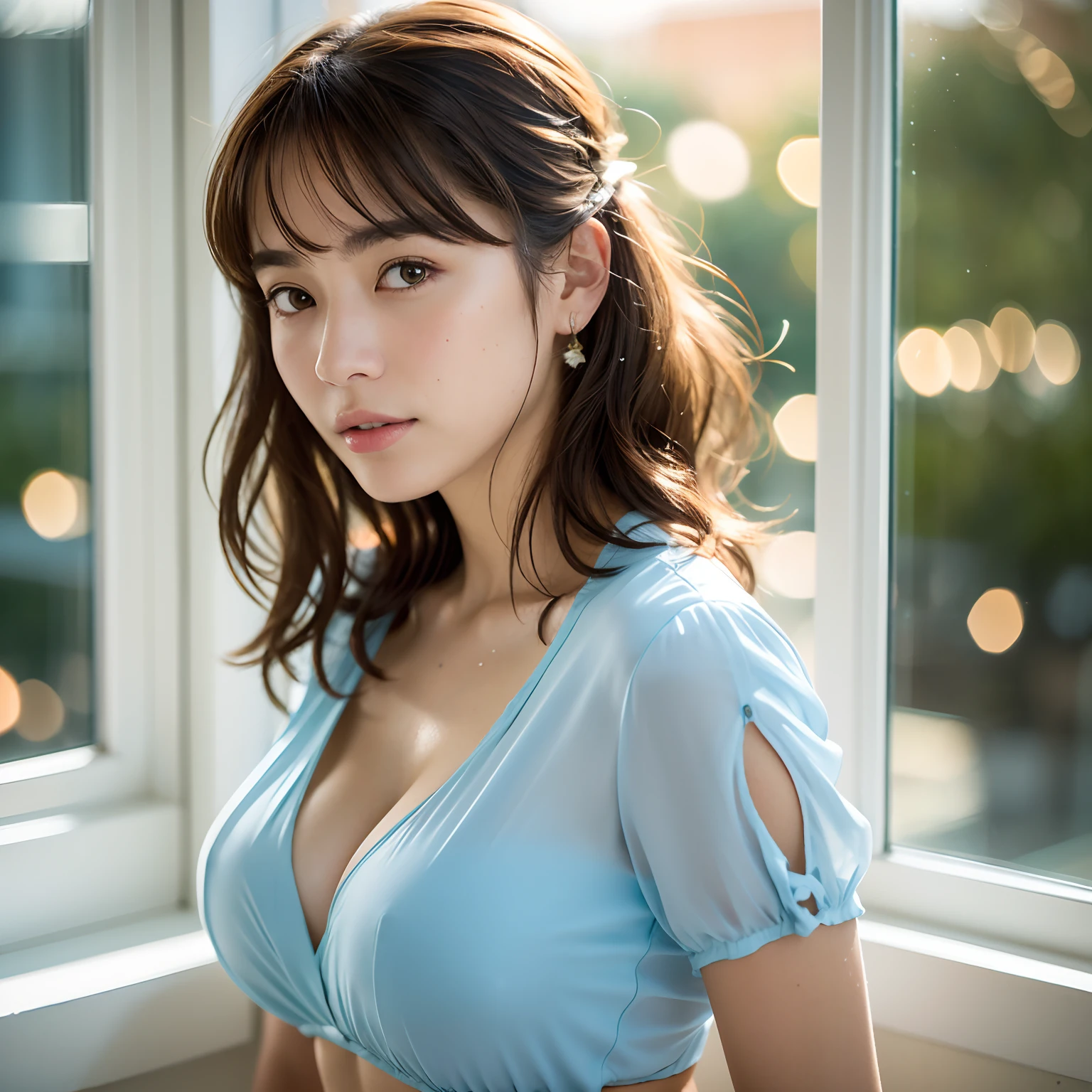 top-quality, hight resolution, (Photorealsitic:1.4), Raw photography, (upper waist:1.4), (bokeh feeling:1.7), (Window light only:1.6), (nightcity:1.5), (light:1.5)1 Japan Girl, (Solo), (A smile:1.2, Opening Mouth:0.7), (dark brown eyes), Natural Skin, (brown updo hair, Bangs), is standing(Blue blouse and leather skirt), (Colossal tits), Curly hair, Floating hair, Natural Skin Texture, Hyper-Realism, nffsw, Hyper-detailing, Raw photography, Photorealsitic, Beautiful eyes, Pretty lips, Wet lips, top-quality, hight resolution, realisitic, in 8K, Caustics, Dinamic Light, Beautiful and delicate lips, Delicate fingers, Detailed pupils, Real Human Skin,