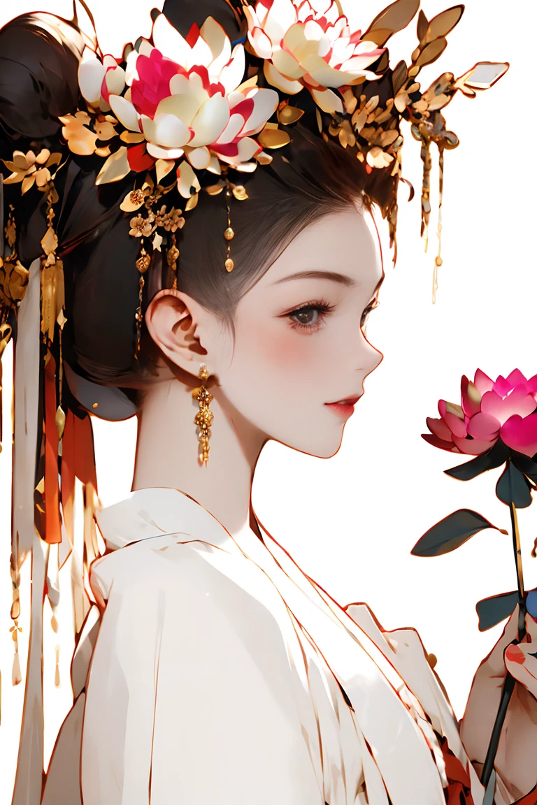 zanhua, Best quality, masterpiece, 1 girl, full body, holding flower, red flower on head, wearing hanfu, in red and white, looking at viewer, bird, flower, black hair, ((lotus)), solo, hair ornament, water, reflection, daylight, cinematic light,