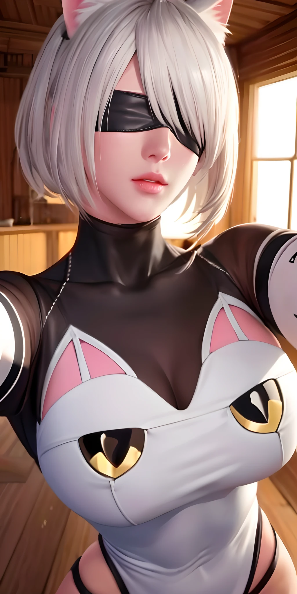 （（（ n_2b,Blindfold, black eye mask, Large breasts，with short white hair，Wears a black eye patch，））），((Masterpiece)),A high resolution, ((Best quality))，tmasterpiece，top-quality，best qualityer，（（（ Exquisite facial features，looking at viewert, ））），