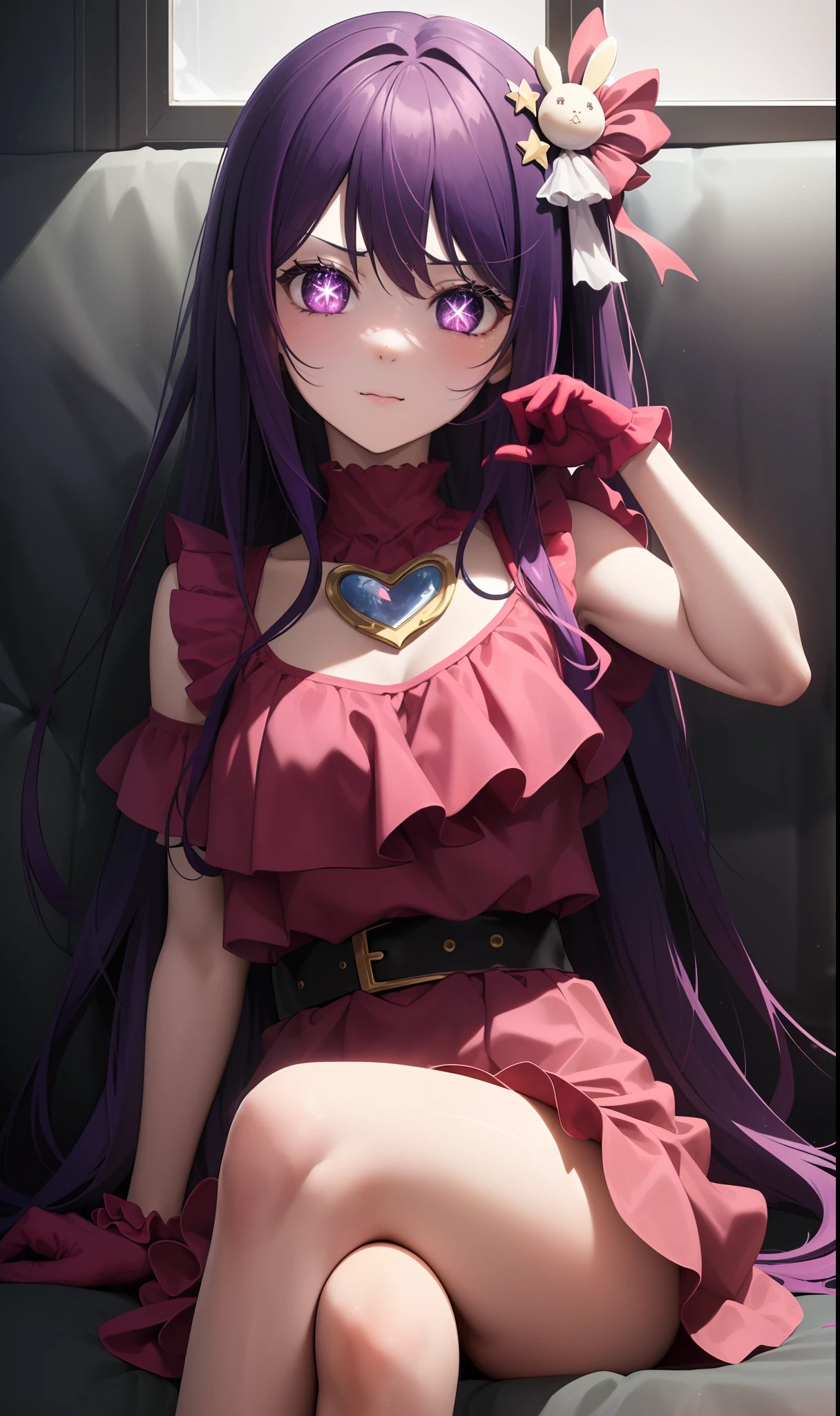 (masterpiece, best quality:1.2), high res, 8k, ai hoshino, hair between eyes, hair ornament, hair ribbon, long hair, one side up, (purple eyes:1.1), purple hair, rabbit hair ornament, star-shaped pupils, symbol-shaped pupils, six-pointed star-shaped pupils, belt, black belt, brooch, dress, pink dress, frilled dress, frilled gloves, frills, gloves, heart brooch, idol, idol clothes, jewelry, pink gloves, red ribbon, ribbon, turtleneck dress, sitting on the couch, 1girl, crossed legs, panty showing