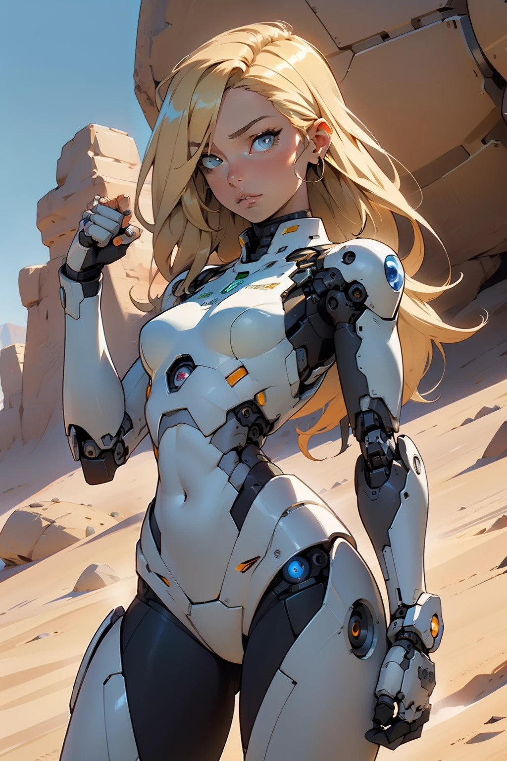 high quality, 4k, masterpiece, beautiful, cyborg girl, cowboy shot, dull eyes, looking at viewer, long blonde hair, girl, small breasts, fit thigh, robotic arms, robotic body, cyborg body, yellow accent, orange accent, intricate detail, joint, detailed lines, robotic detail, holding fist up, holding hand up as fist, color robotic parts, robotic parts with color, perfect fingers, on a desert planet, sunny background, colorful desert,