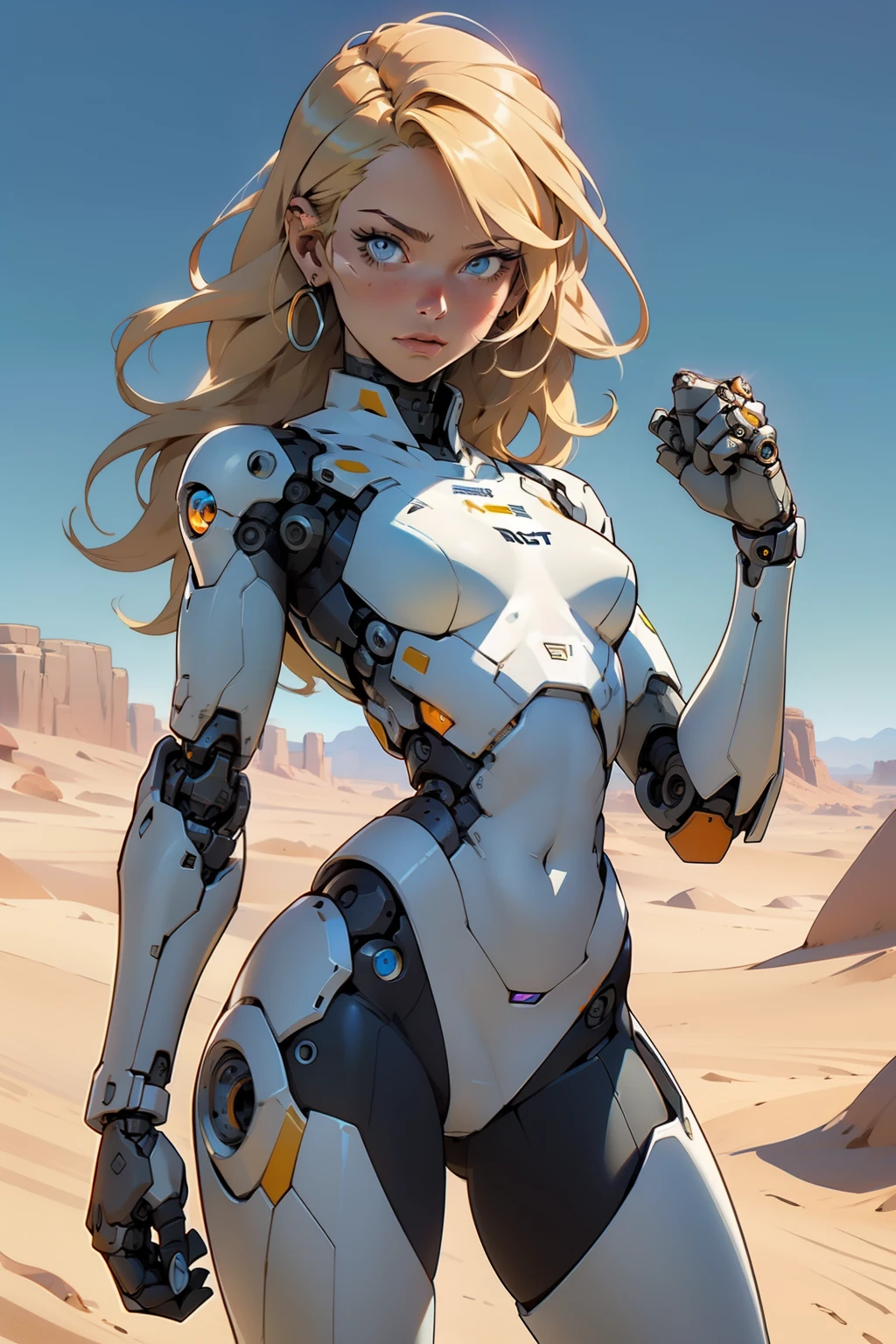 high quality, 4k, masterpiece, beautiful, cyborg girl, cowboy shot, dull eyes, looking at viewer, long blonde hair, girl, small breasts, fit thigh, robotic arms, robotic body, cyborg body, yellow accent, orange accent, intricate detail, joint, detailed lines, robotic detail, holding fist up, holding hand up as fist, color robotic parts, robotic parts with color, perfect fingers, on a desert planet, sunny background, colorful desert,