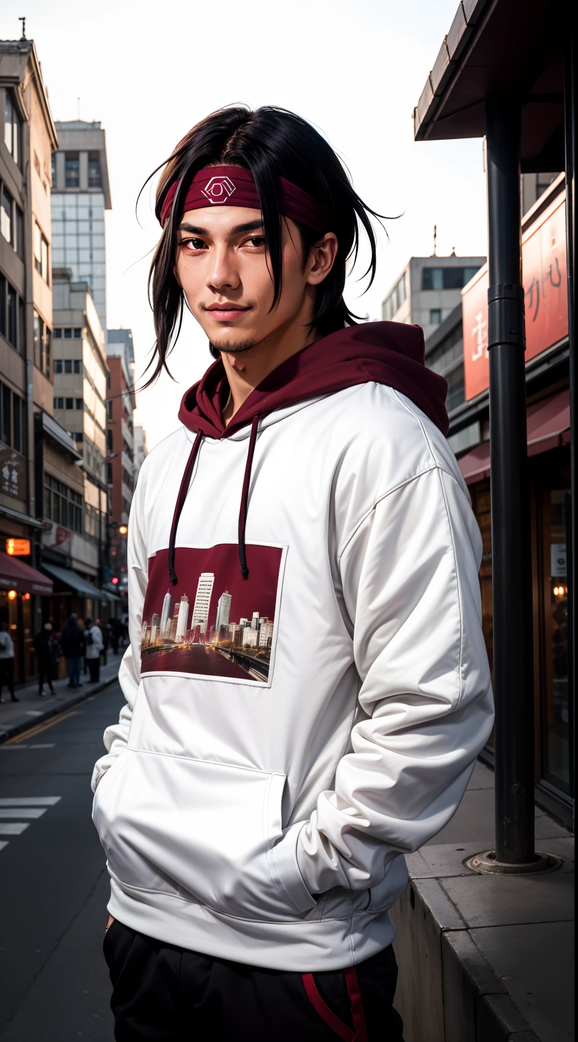 masterpiece, ultra-detailed, 1boy, male focus, upper body shot, Hashirama wearing maroon Streetwear Hoodie, long black hair, white headband, look at viewer, happy face, vibrant colors, cityscape background, dinamic lighting, highly detailed face, stylish, urban style, cool attitude, bokeh, blurry background,