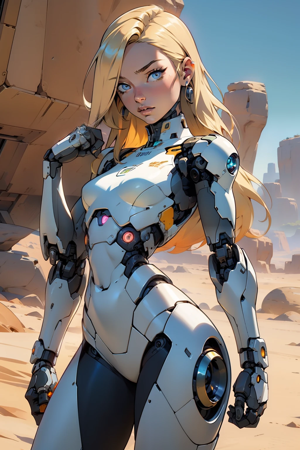 high quality, 4k, masterpiece, beautiful, cyborg girl, cowboy shot, dull eyes, looking at viewer, long blonde hair, girl, small breasts, fit thigh, robotic arms, robotic body, cyborg body, yellow accent, orange accent, intricate detail, joint, detailed lines, robotic detail, holding fist up, holding hand up as fist, color robotic parts, robotic parts with color, perfect fingers, on a desert planet, sunny background, colorful desert,