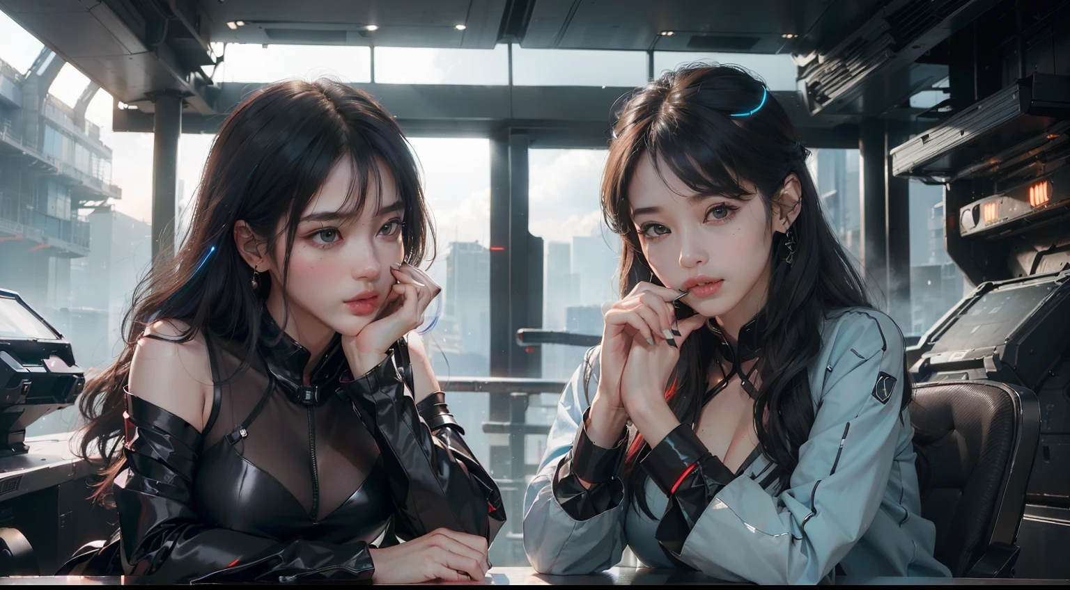 (realisitic,Photorealsitic:1.4),(Two Beauties:1.3),(美丽的面容:1.5),Detailed shiny skin,A detailed eye,Precise hands and fingers,8K HDR, , masterpiece, (Dynamic angle footage),电影灯光, Finely drawn backgrounds,accurate fingers,(futuristic cities,A large number of high-tech machines,Sci-fi building,Multi-colored lighting,Sci-Fi attire,Perspective distant and near view:1.3),Beautiful sisters,Fashionable plain clothes,Hair with red mesh,shairband,kyoto,Discussing,Sensual look,