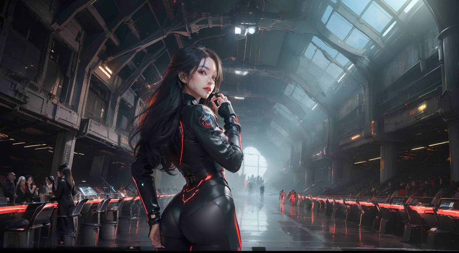 (realisitic,Photorealsitic:1.4),(Two Beauties:1.3),(美丽的面容:1.5),Detailed shiny skin,A detailed eye,Precise hands and fingers,8K HDR, , masterpiece, (Dynamic angle footage),电影灯光, Finely drawn backgrounds,accurate fingers,(futuristic cities,A large number of high-tech machines,Sci-fi building,Multi-colored lighting,Sci-Fi attire,Perspective distant and near view:1.3),Beautiful sisters,Fashionable plain clothes,Hair with red mesh,shairband,kyoto,Discussing,Sensual look,