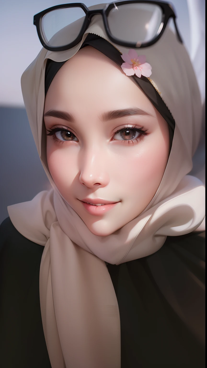 masterpiece, best quality, beautiful detailed face, perfect feminine face, (happy:1.2), smiling, (close-up potrait:1.2), face focus, a beautiful and cute girl with sakura blossom print hijab, pashmina hijab, pashmina sabyan hijab, white hijab, young girl, solo, 1girl, shiny skin, lens flare, sharp focus, volumetric lighting
