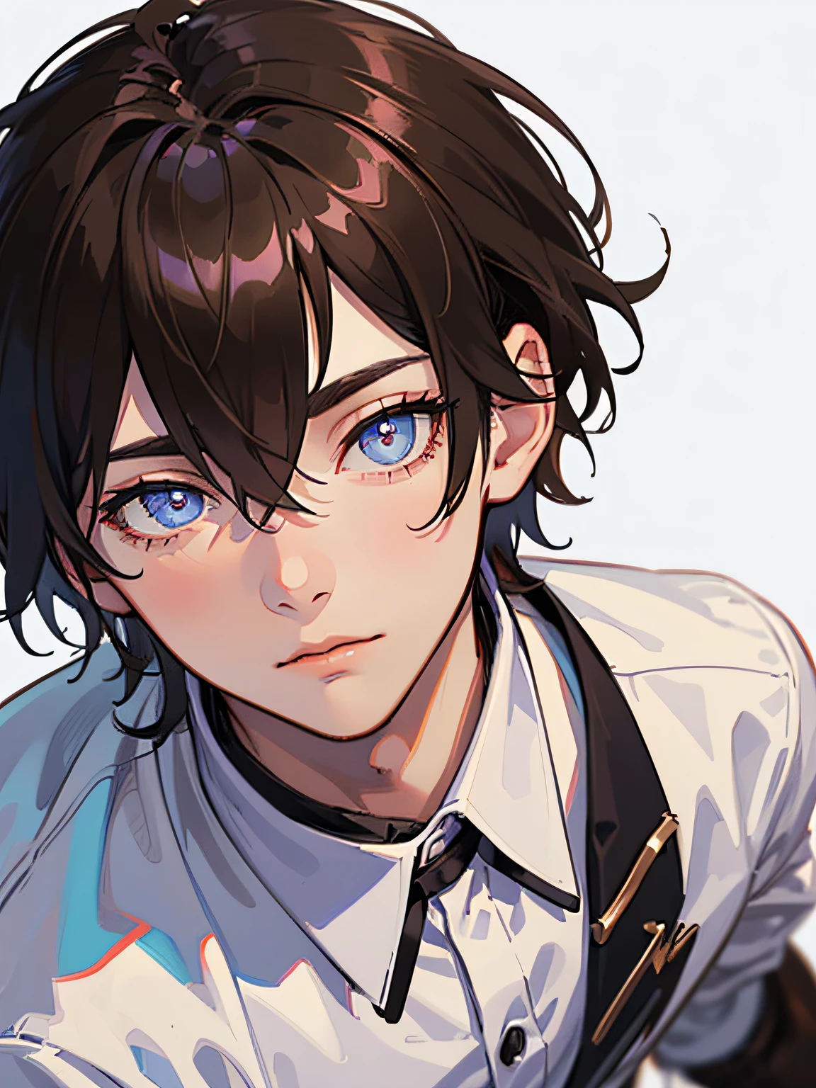 virtual_youtuber, 1boys, Male_Focus, Solo, brown_Hair, tiese, purple_Eyes, White_Background, brown_Footwear, full_Body, straight-on, Looking_at_peeping at the viewer, Pants, White collared shirt, Hair_between_Eyes, (Very detailed eyes:1.5)