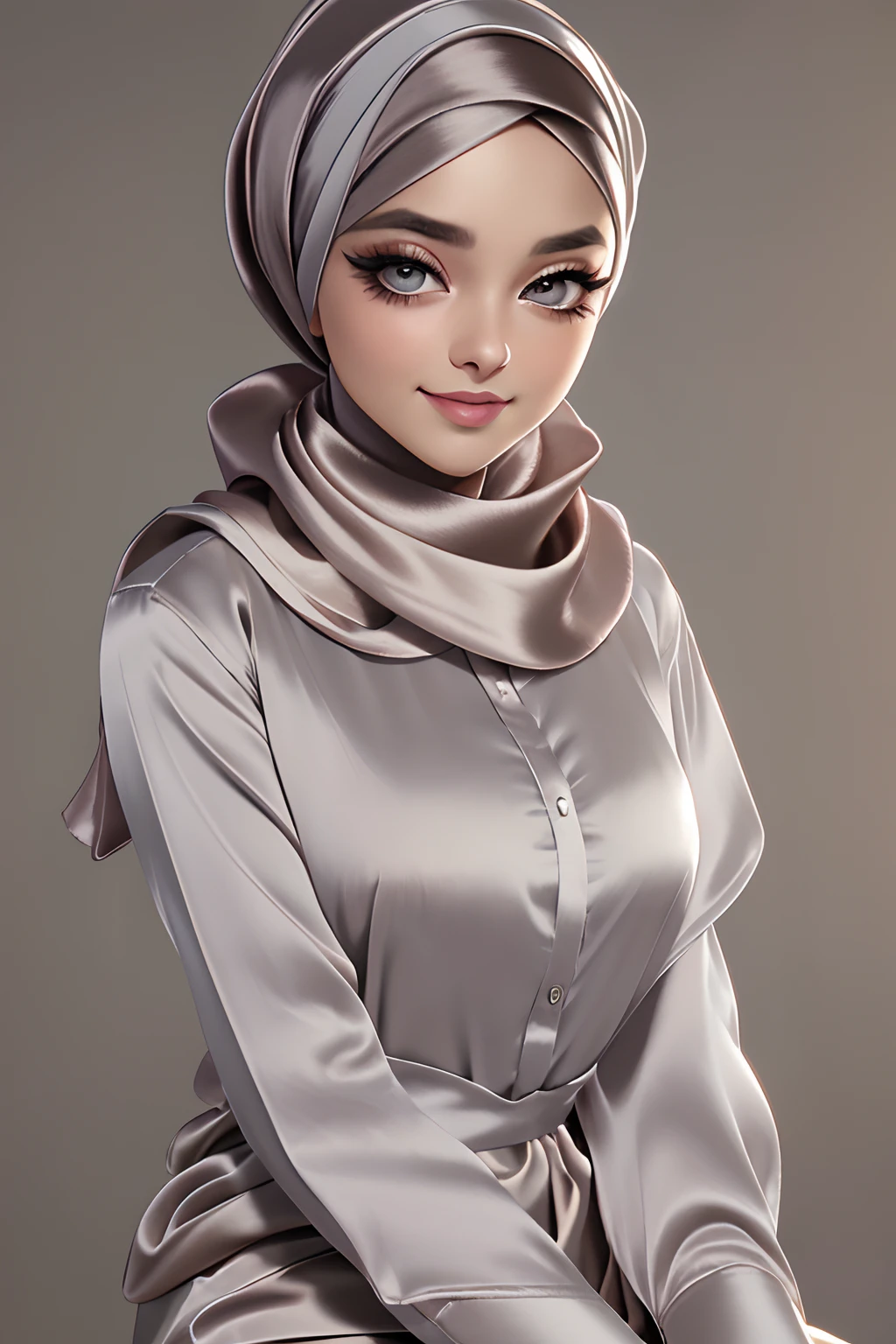 (Masterpiece, realistic, best quality, best lighting, 1 girl photo solo, beautifully makeup, eyeshadow, Parted Lips, Detailed Eyes, beautiful big eyes, long eye lashes, smile, wearing ((Taupe satin headscarf)), loosely tide hijab style, ((Gray satin shirt)), satin long pants, sleeping