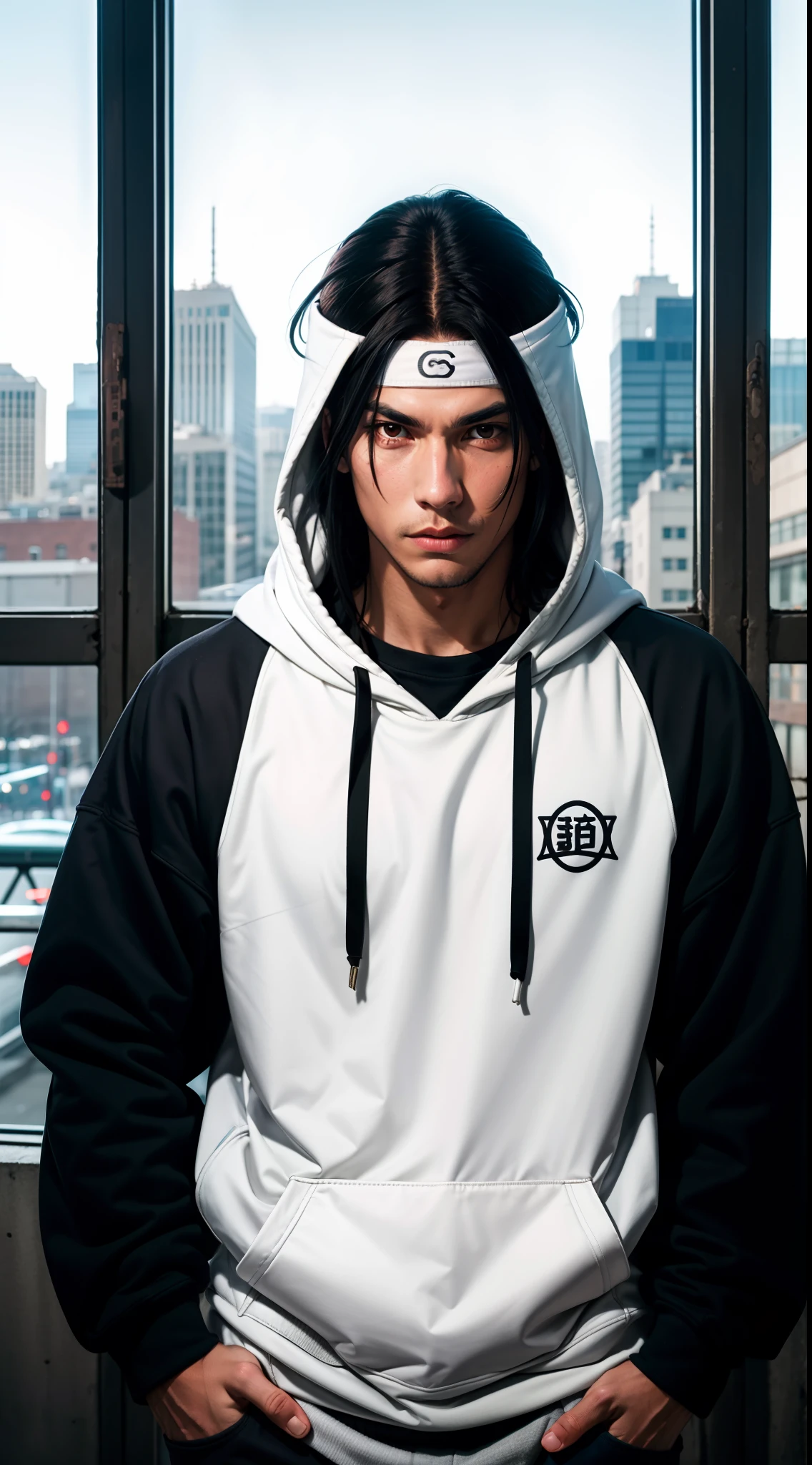 masterpiece, ultra-detailed, 1boy, male focus, upper body shot, Hashirama wearing maroon Streetwear Hoodie, long black hair, white headband, look at viewer, Serious face, vibrant colors, cityscape background, dinamic lighting, highly detailed face, stylish, urban style, cool attitude, bokeh, blurry background,