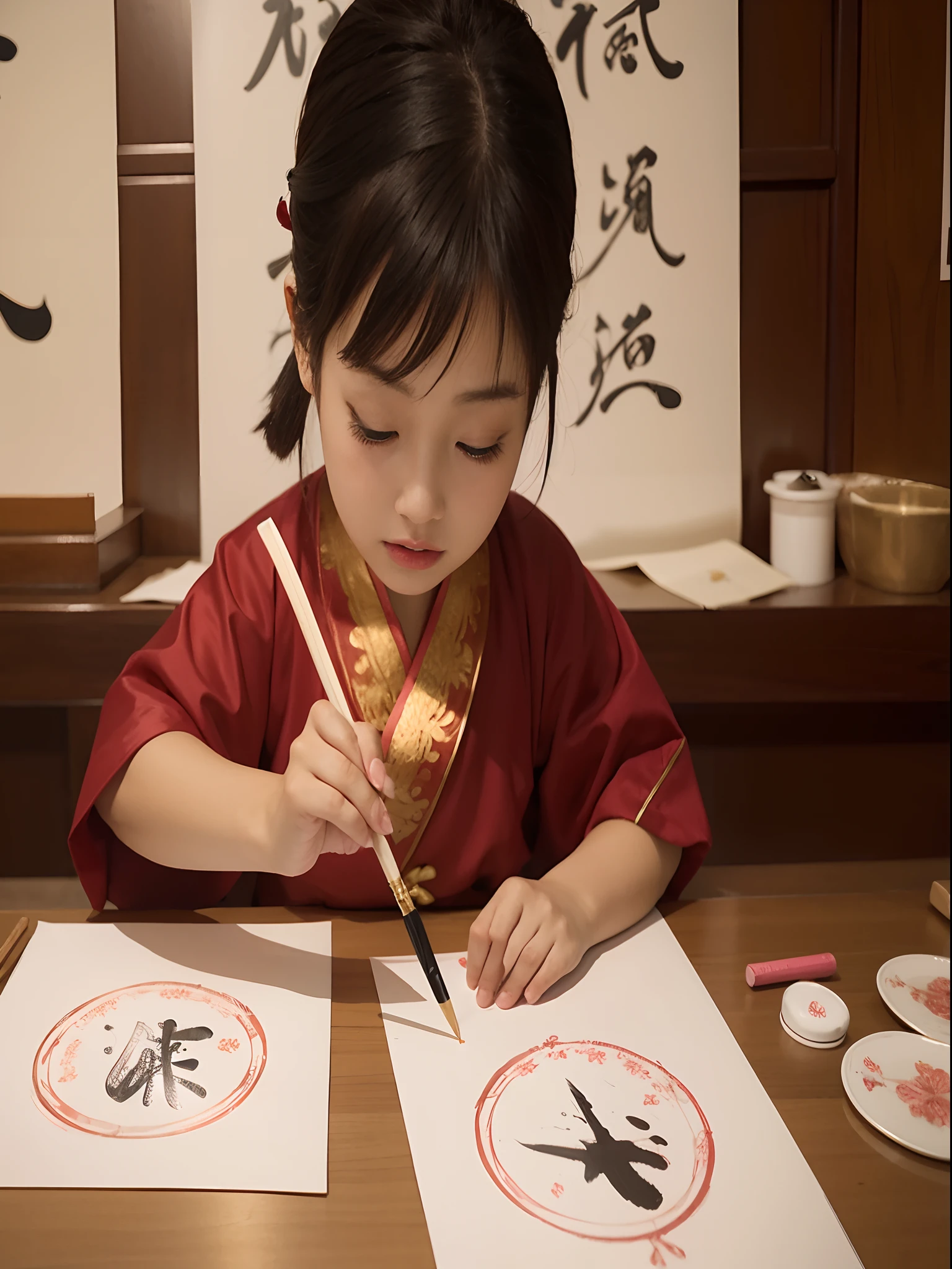 girl,Practice calligraphy,closeup cleavage,Serious state