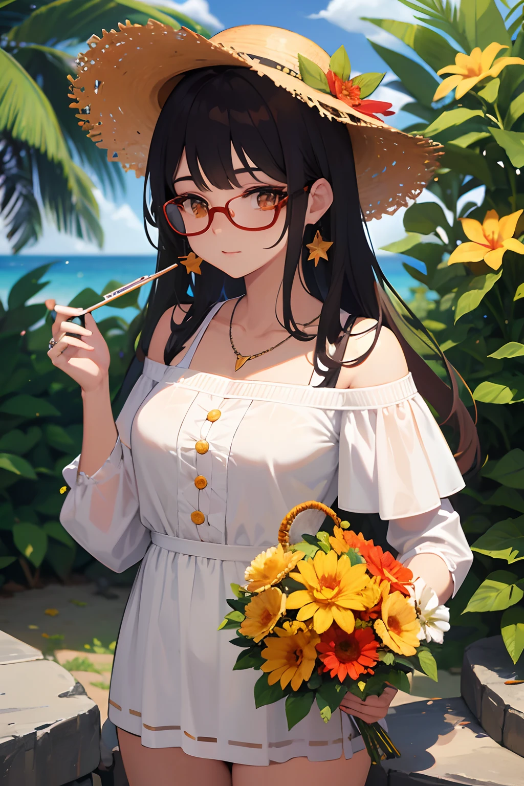 absurdres, highres, ultra detailed, 1girl, solo, extremely detailed eyes, starfish, seashell, shell, flower, hat, hair ornament, jewelry, straw hat, looking at viewer, sunglasses, hat flower, drinking straw, hairclip, earrings, red flower, tinted eyewear, yellow flower, bangs, english text, multicolored hair, orange flower, black hair, ring, cup, long hair, orange-tinted eyewear, food, brown hair, portrait, shell hair ornament