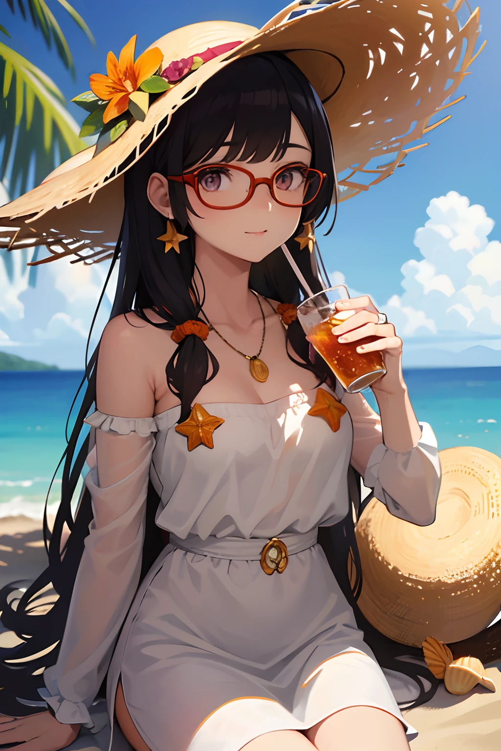 absurdres, highres, ultra detailed, 1girl, solo, extremely detailed eyes, starfish, seashell, shell, flower, hat, hair ornament, jewelry, straw hat, looking at viewer, sunglasses, hat flower, drinking straw, hairclip, earrings, red flower, tinted eyewear, yellow flower, bangs, english text, multicolored hair, orange flower, black hair, ring, cup, long hair, orange-tinted eyewear, food, brown hair, portrait, shell hair ornament