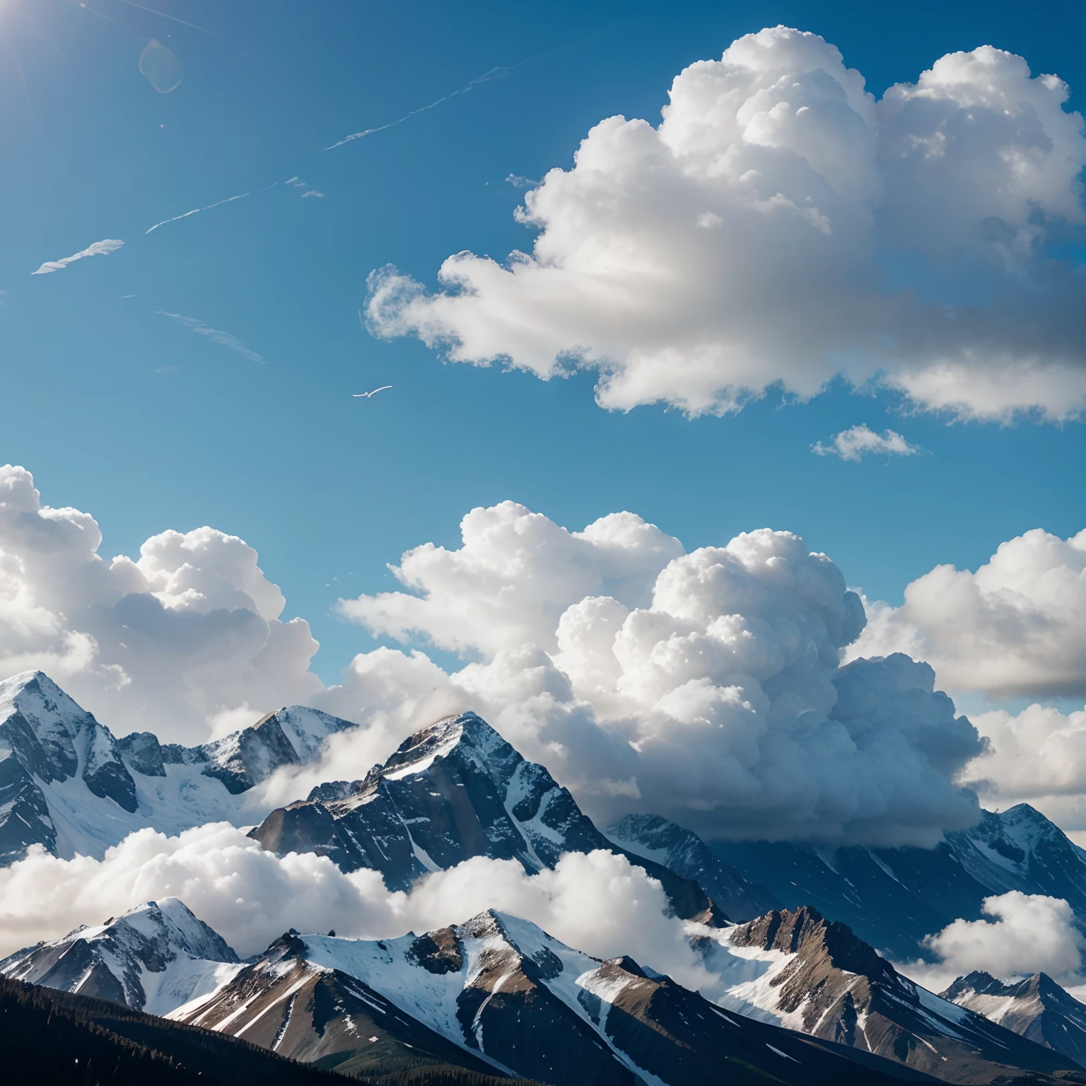 mountains with very puffy and fluffy clouds. realistic