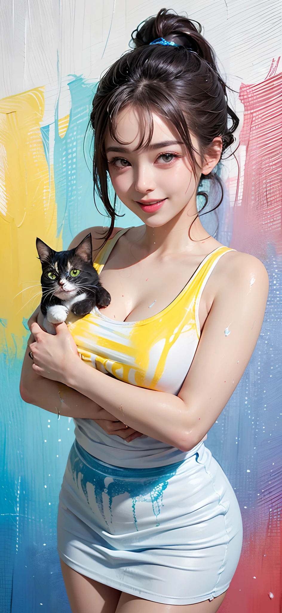 (solid background), ((a lot of thick acrylic pigment color splashes on a background and the girls clothes, vivid colors of splash and thick paints):1.9), large crystal clear eyes, (rainbow colored high ponytail hair:1.6), (exquisite makeup, long eyelashes, small fresh, wipe chest), (white off-shoulder Fashion T-shirt:1.2), (a lot of color splashes of thick acrylic pigment thick paint on her clothes:1.6), (Highest Image Quality, Masterpiece, Depth of Field), (lovely smile, excited), (sometimes hold a cat in her arms:0.8),