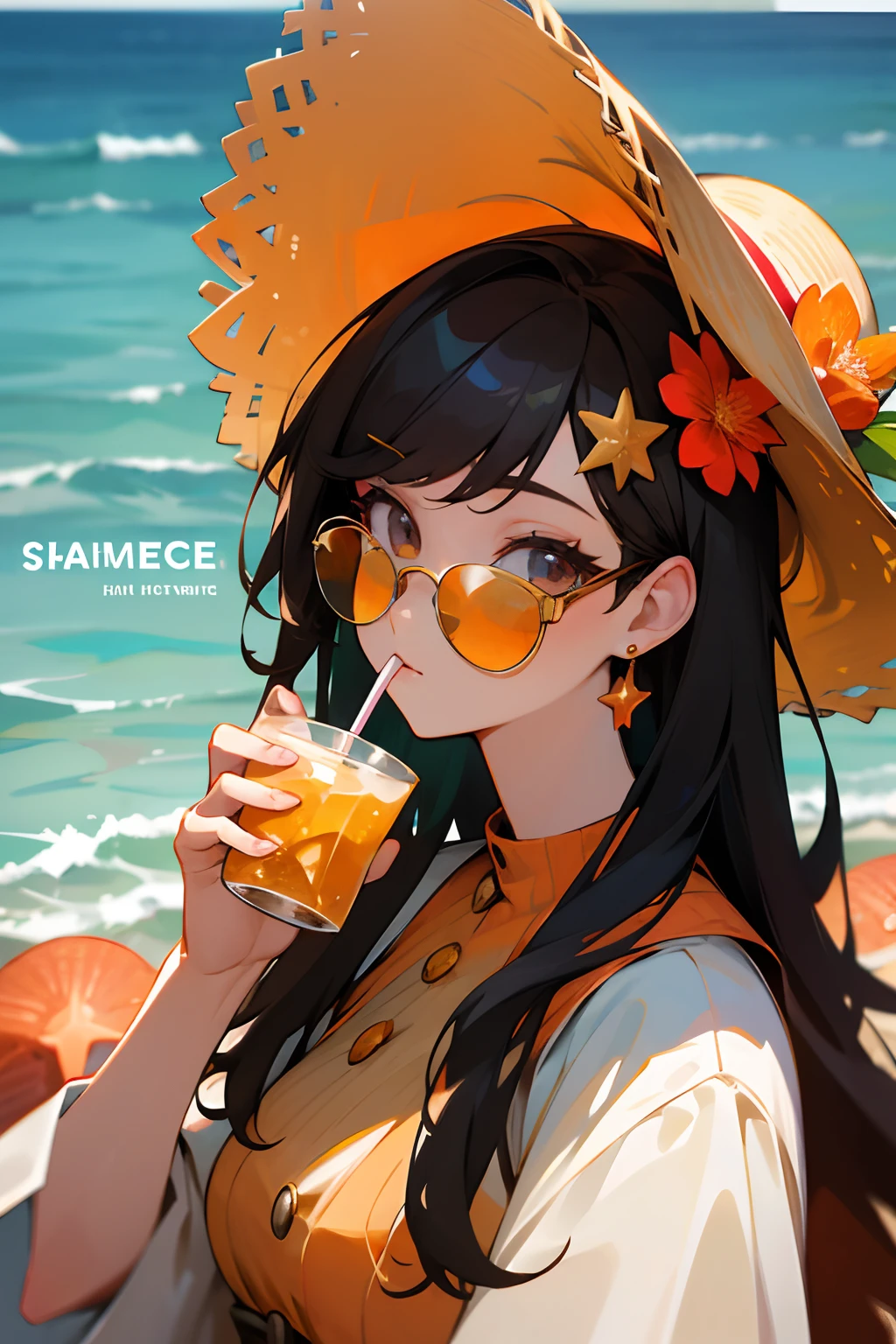 absurdres, highres, ultra detailed, 1girl, solo, extremely detailed eyes, starfish, seashell, shell, flower, hat, hair ornament, jewelry, straw hat, looking at viewer, sunglasses, hat flower, drinking straw, hairclip, earrings, red flower, tinted eyewear, yellow flower, bangs, english text, multicolored hair, orange flower, black hair, ring, cup, long hair, orange-tinted eyewear, food, brown hair, portrait, shell hair ornament
