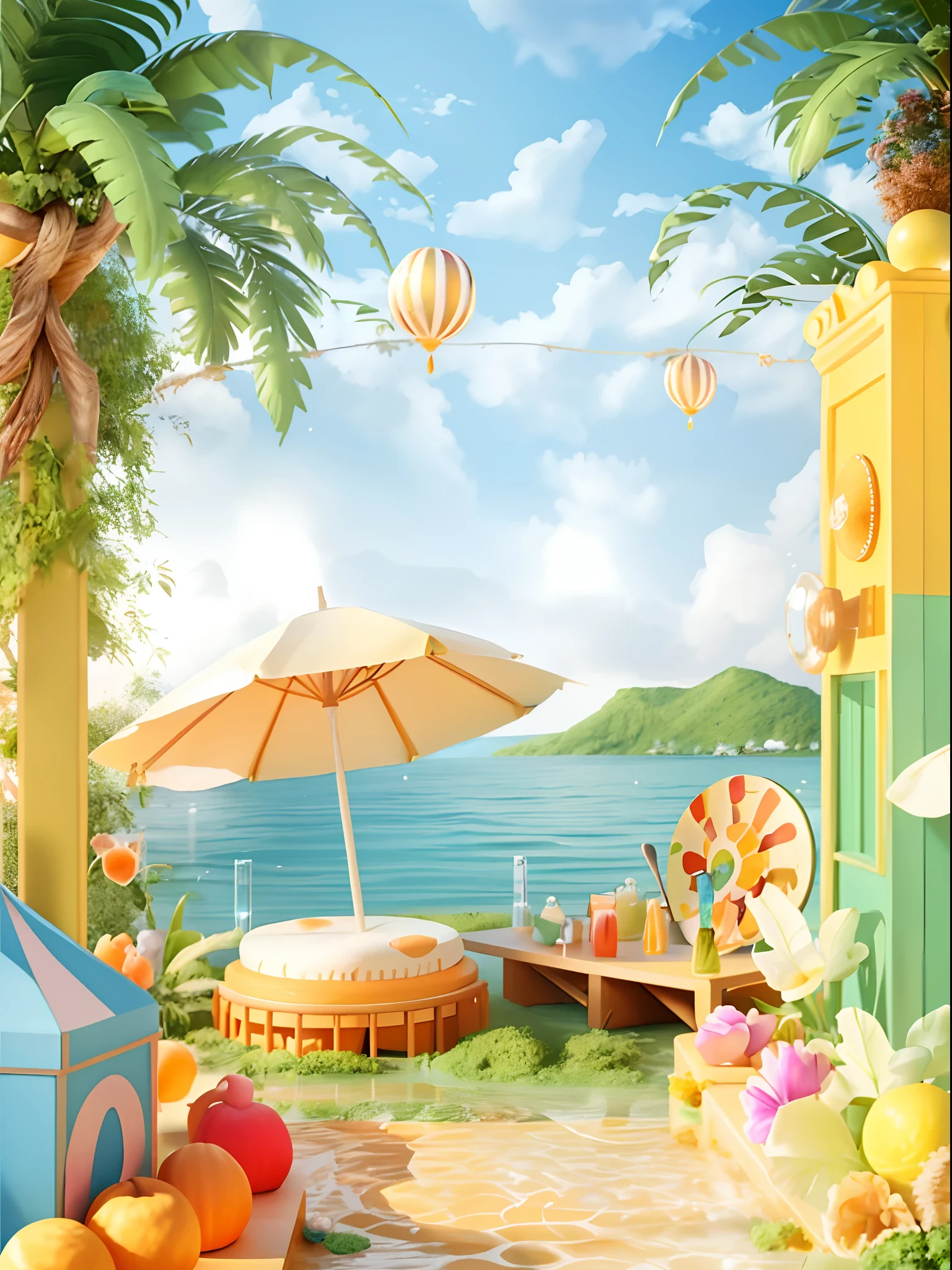 There is a picture of a tropical-themed room with a hot tub, arte de fundo, a paradise like a fairyland, Tropical paradise, Tropical atmosphere, outdoors tropical cityscape, seaside backgroud, tropical beach paradise, fantasy matte painting,Cute, whimsical fantasy landscape art, lush paradise, stylized background, beautiful magical palm beach, tropical background, detailed scene