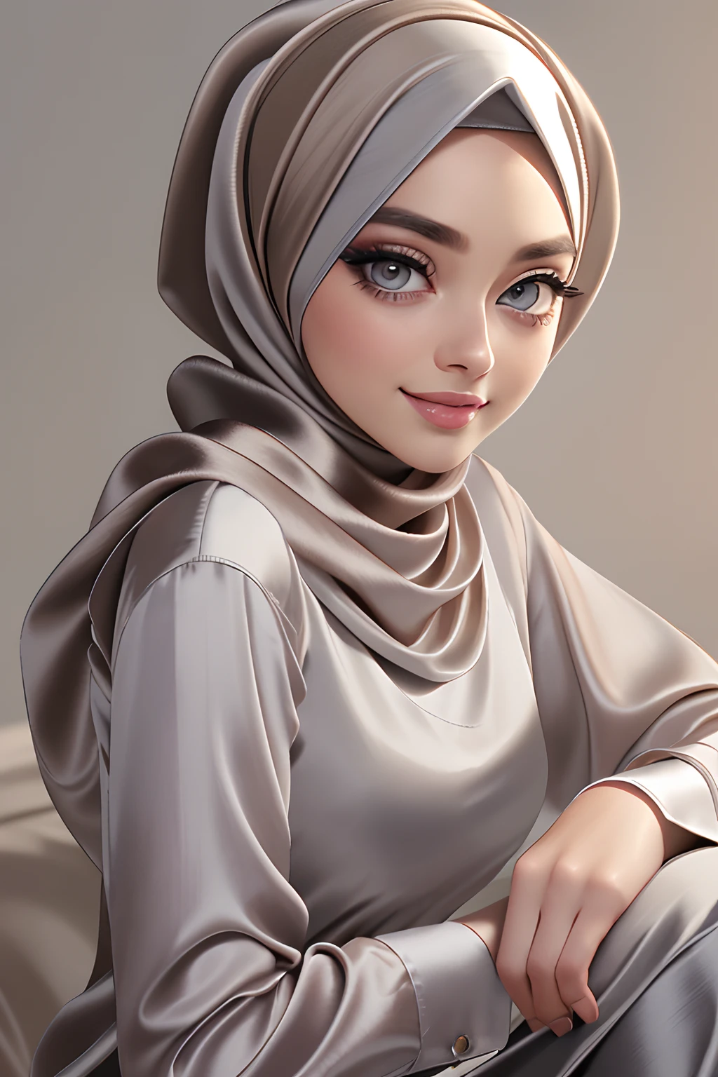 (Masterpiece, realistic, best quality, best lighting, 1 girl photo solo, beautifully makeup, eyeshadow, Parted Lips, Detailed Eyes, beautiful big eyes, long eye lashes, smile, wearing ((Taupe satin headscarf)), loosely tide hijab style, ((Gray satin shirt)), satin long pants, sleeping