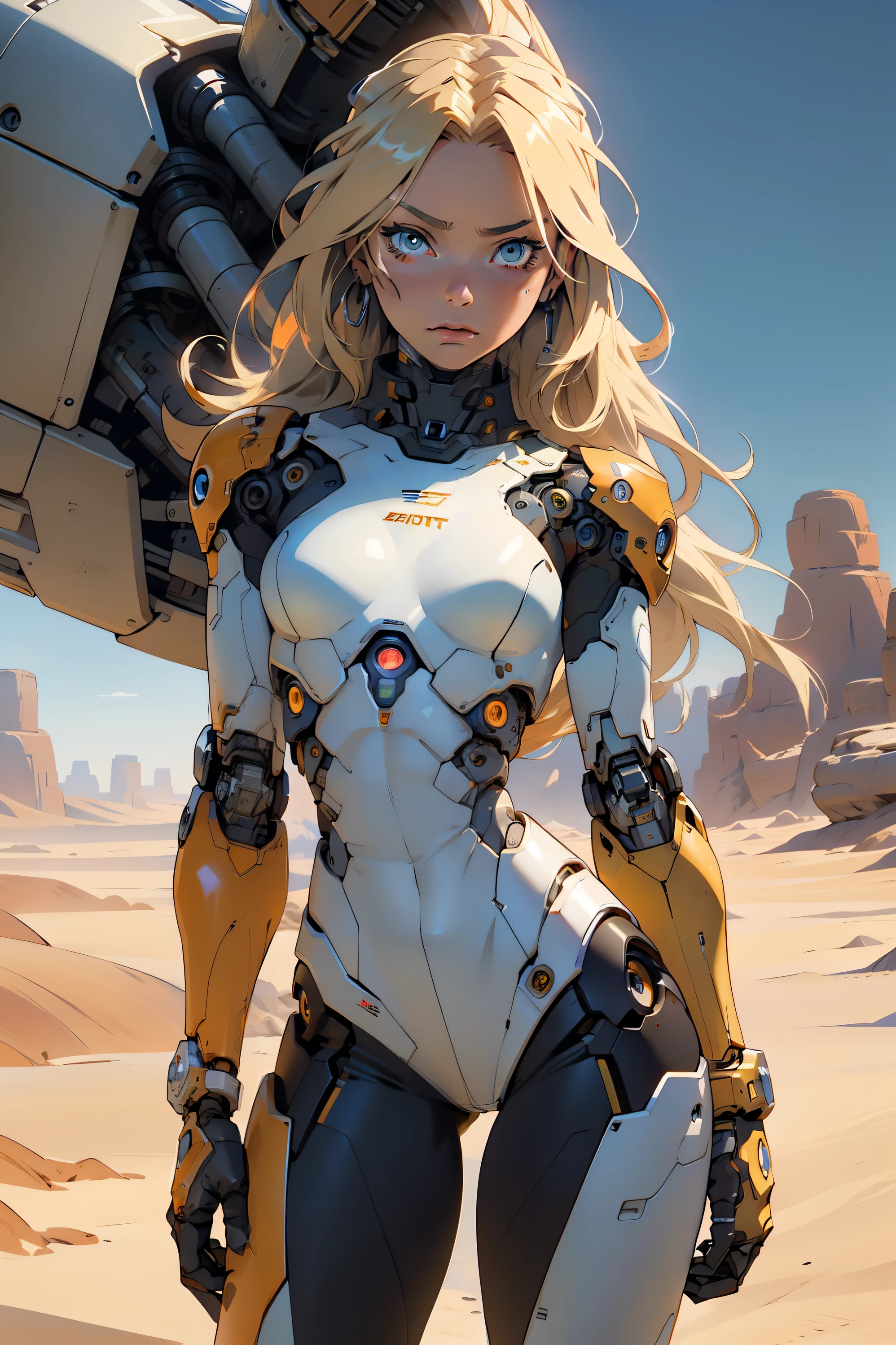 high quality, 4k, masterpiece, beautiful, cyborg girl, cowboy shot, dull eyes, looking at viewer, long blonde hair, girl, small breasts, fit thigh, robotic arms, robotic body, cyborg body, yellow accent, orange accent, intricate detail, joint, detailed lines, robotic detail, holding fist up, holding hand up as fist, color robotic parts, robotic parts with color, perfect fingers, on a desert planet, sunny background, colorful desert,