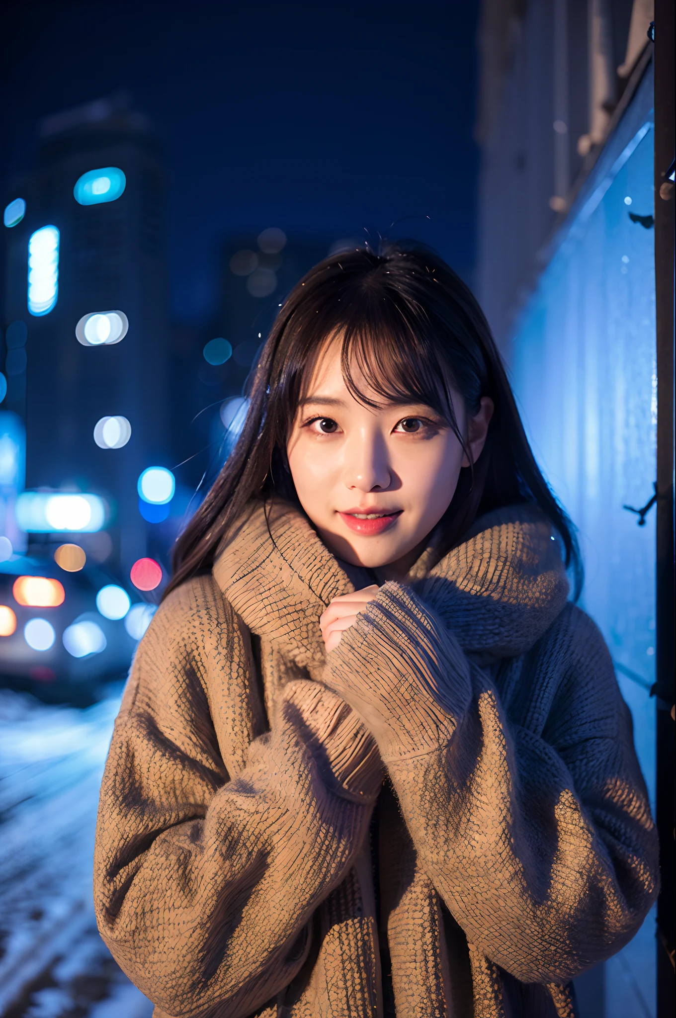 (8k, RAW photo, best quality, masterpiece:1.2), (realistic, photo-realistic:1.37),1girl,(Kpop idol), (aegyo sal:1),cute,cityscape, night, winter, snow, professional lighting, photon mapping, radiosity, physically-based rendering,