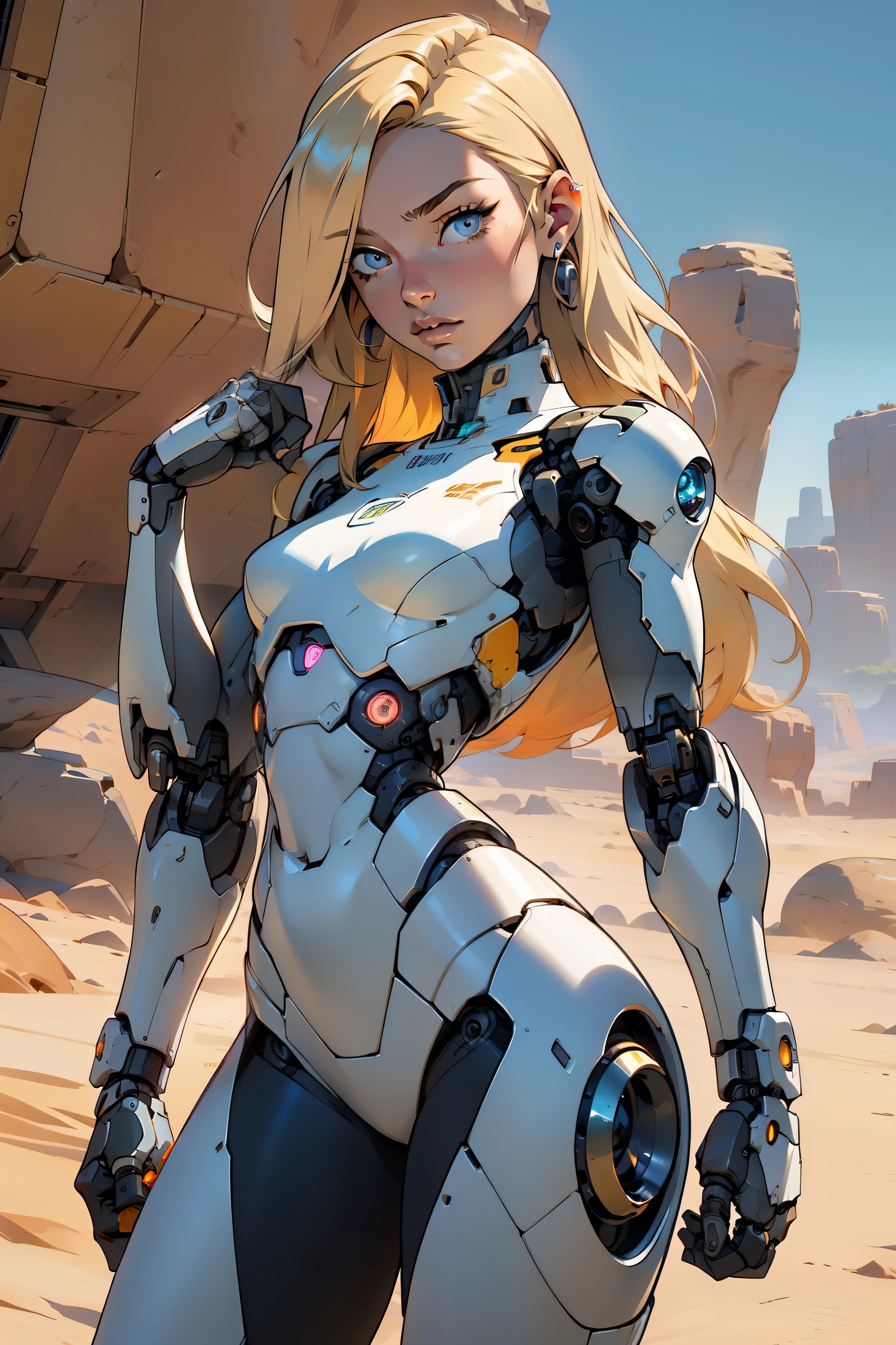 high quality, 4k, masterpiece, beautiful, cyborg girl, cowboy shot, dull eyes, looking at viewer, long blonde hair, girl, small breasts, fit thigh, robotic arms, robotic body, cyborg body, yellow accent, orange accent, intricate detail, joint, detailed lines, robotic detail, holding fist up, holding hand up as fist, color robotic parts, robotic parts with color, perfect fingers, on a desert planet, sunny background, colorful desert,