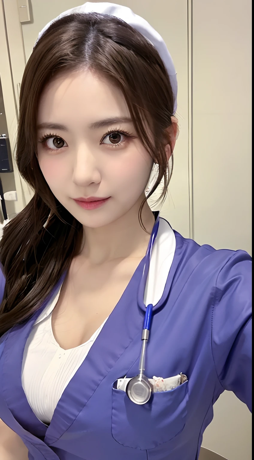 photo of a sexy beautiful jpn-woman, nurse, beautiful jpn-gyaru, brown hair up, cowboy shot, beautiful sensuous eyes, perfect face, hyper realistic, hyper detail, onepiece uniform, white nurse cap, in hospital