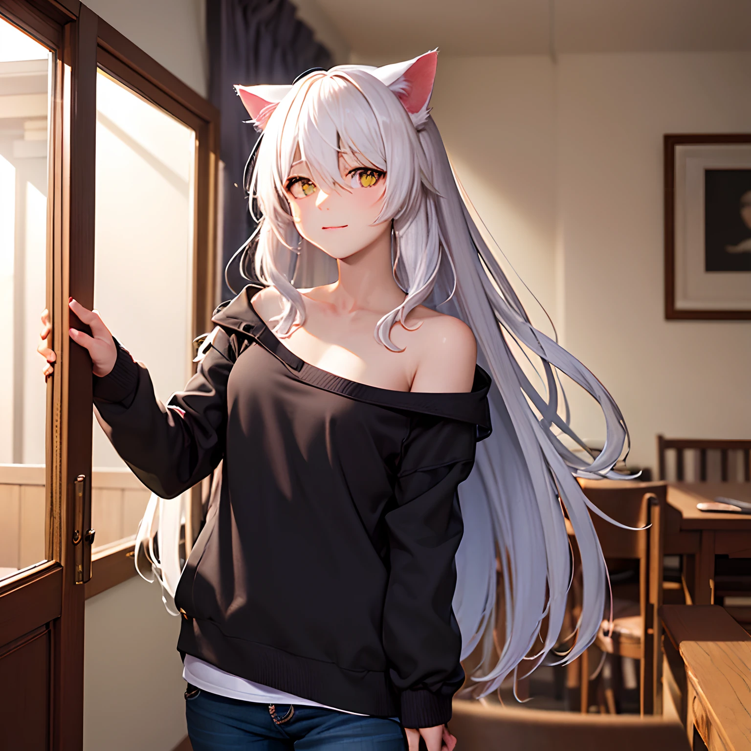 ​masterpiece, top-quality, Hi-Res, SH1, Black Hakawa, white  hair, The long-haired, Cat's ears, Yellow eyes, cat eyes eyes, Plain clothe, cowboy  shot, in a house, looking at the viewers, Bewitching look, (1girll:1.3)