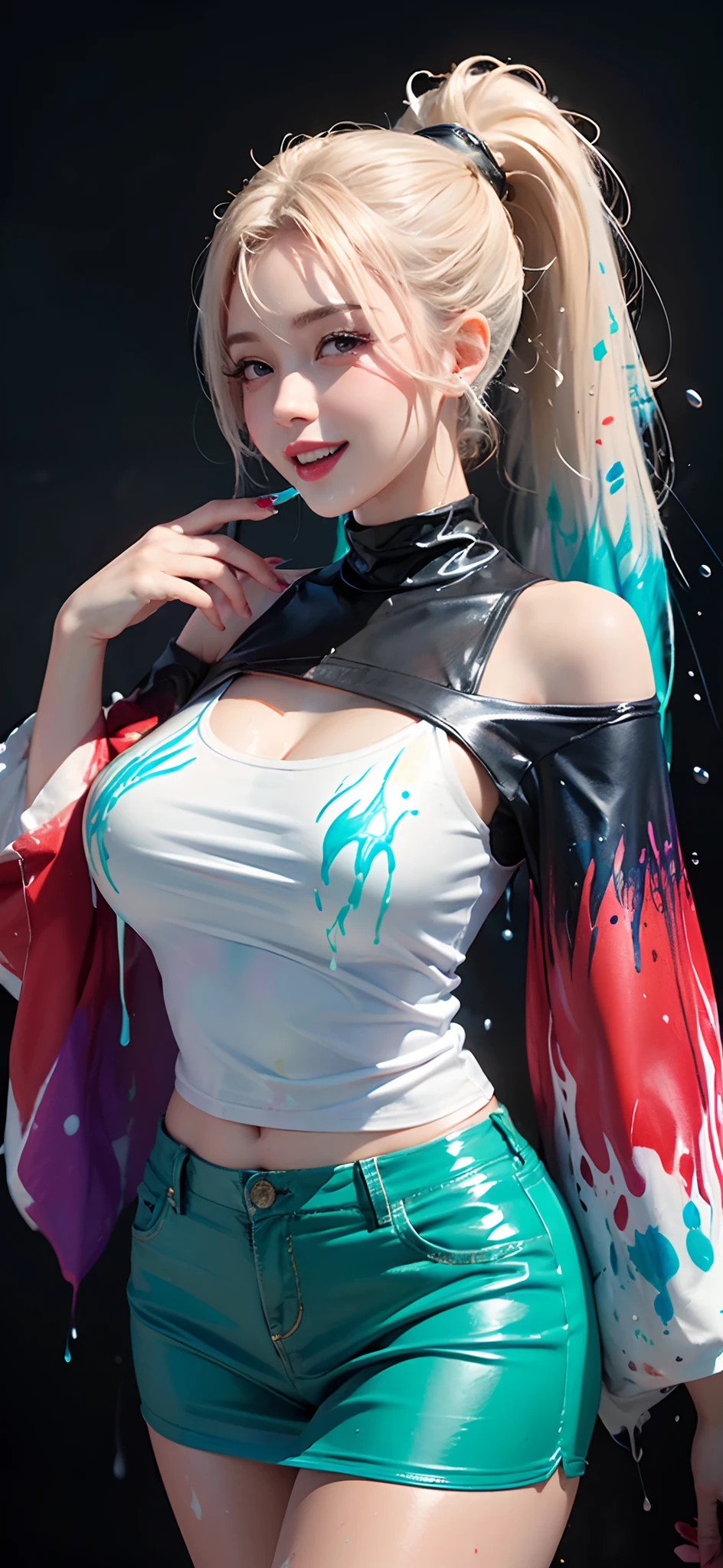 (solid background), ((thick acrylic pigment color splashes on a background and clothes, vivid colors of splash and thick paints):1.8), large crystal clear eyes, (high ponytail hair dyed with multiple vivid colors:1.6), (exquisite makeup, long eyelashes), (small fresh, wipe chest, slender body, ), (white off-shoulder T-shirt:1.2), (Highest Image Quality, Masterpiece, Depth of Field), (lovely smile, excited), (sometimes hold a cat in her arms:0.8),