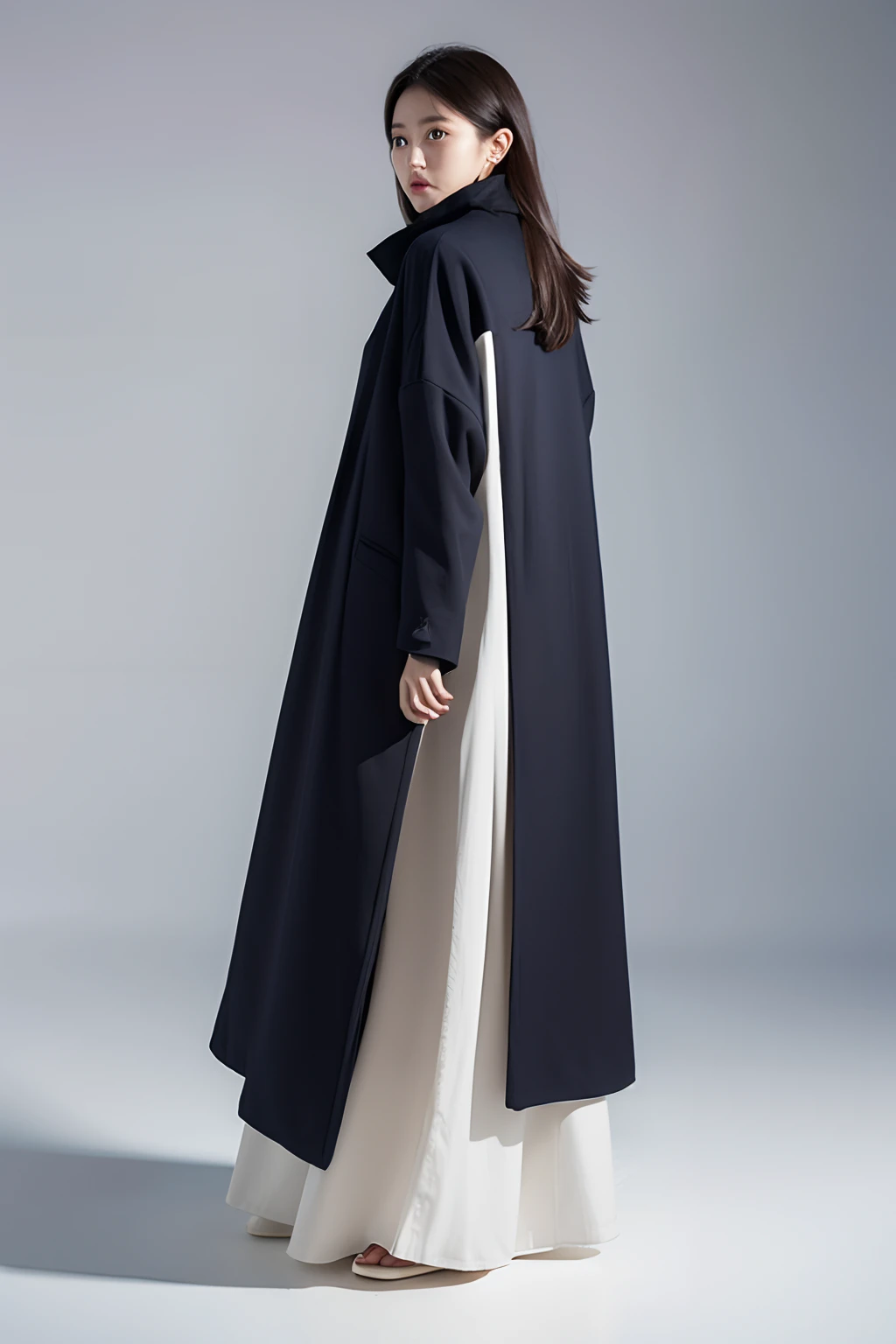 Long outfits, winter clothes, femele, Back Shadow, Clean background, Frigid wind