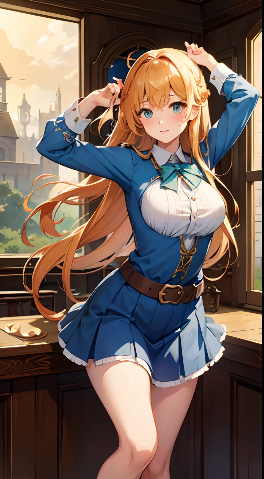(SFW), masterpiece, best quality, highres 64k, professional artwork, famous artwork, clean, cinematic lighting, heterochromia eyes + beautiful eyes + detail, beautiful hair + detail, multicoloured hair (Blue and green), (sexy young female body:1.4), ( medium breasts, lactation), happy:1.2, smile, sexy looking at the viewer, floating hair, Griffin Uniform:1.3 indoors, doorway, clothes tied on waist