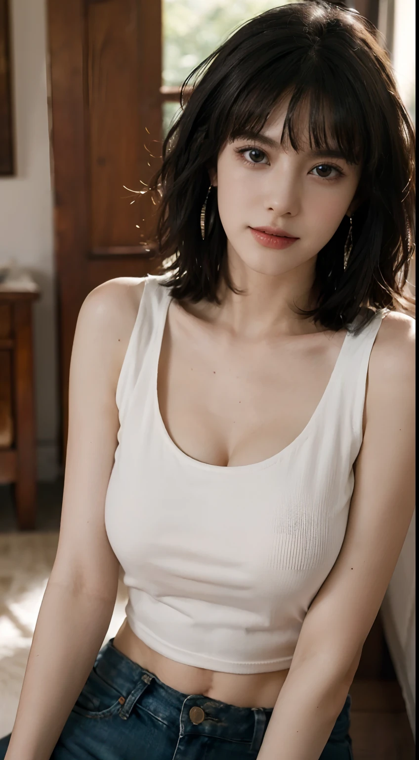 ((((masterpiece, best quality, high resolution)))), Extremely detailed 8K, Beautiful girl with slender body, (Ultra HD, Ultra-detailed, Highly detailed, Highly realistic, Ultra-realistic, photograph realistic), (1girl:1.5), (Realistic dark hair), short wavy hair, bob cut, (dynamic poses), facing at camera, light smile, (beautiful detailed face, beautiful detailed eyes), wide hips, (large breasts: 1.2), (huge breasts: 1.2), earrings, (white tank top, thin material), cleavage, dark jean shorts, glow, sweat, (sunbeam, sunlight)