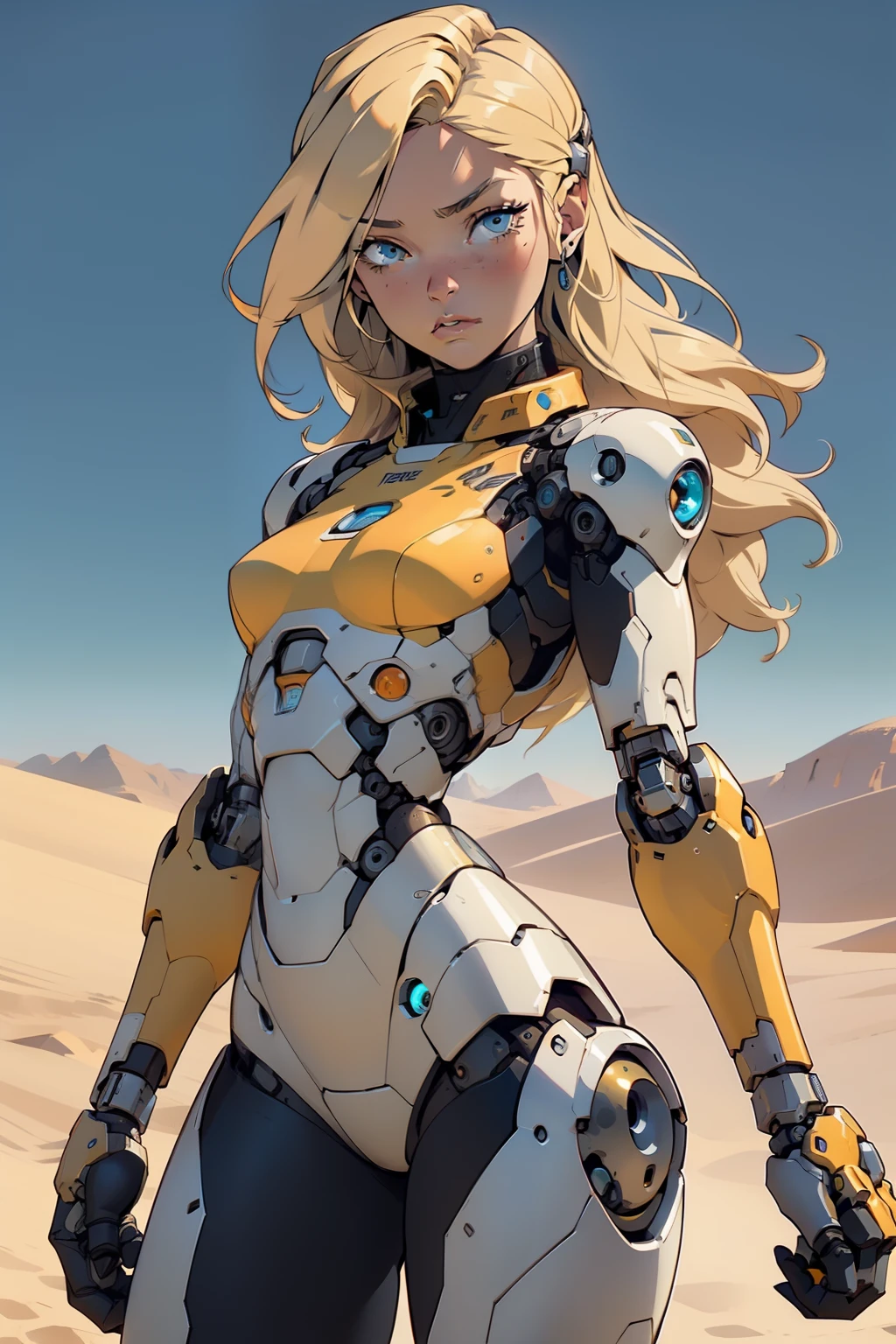high quality, 4k, masterpiece, beautiful, cyborg girl, cowboy shot, dull eyes, looking at viewer, long blonde hair, girl, small breasts, fit thigh, robotic arms, robotic body, cyborg body, yellow accent, orange accent, intricate detail, joint, detailed lines, robotic detail, holding fist up, holding hand up as fist, color robotic parts, robotic parts with color, perfect fingers, on a desert planet, sunny background, colorful desert,