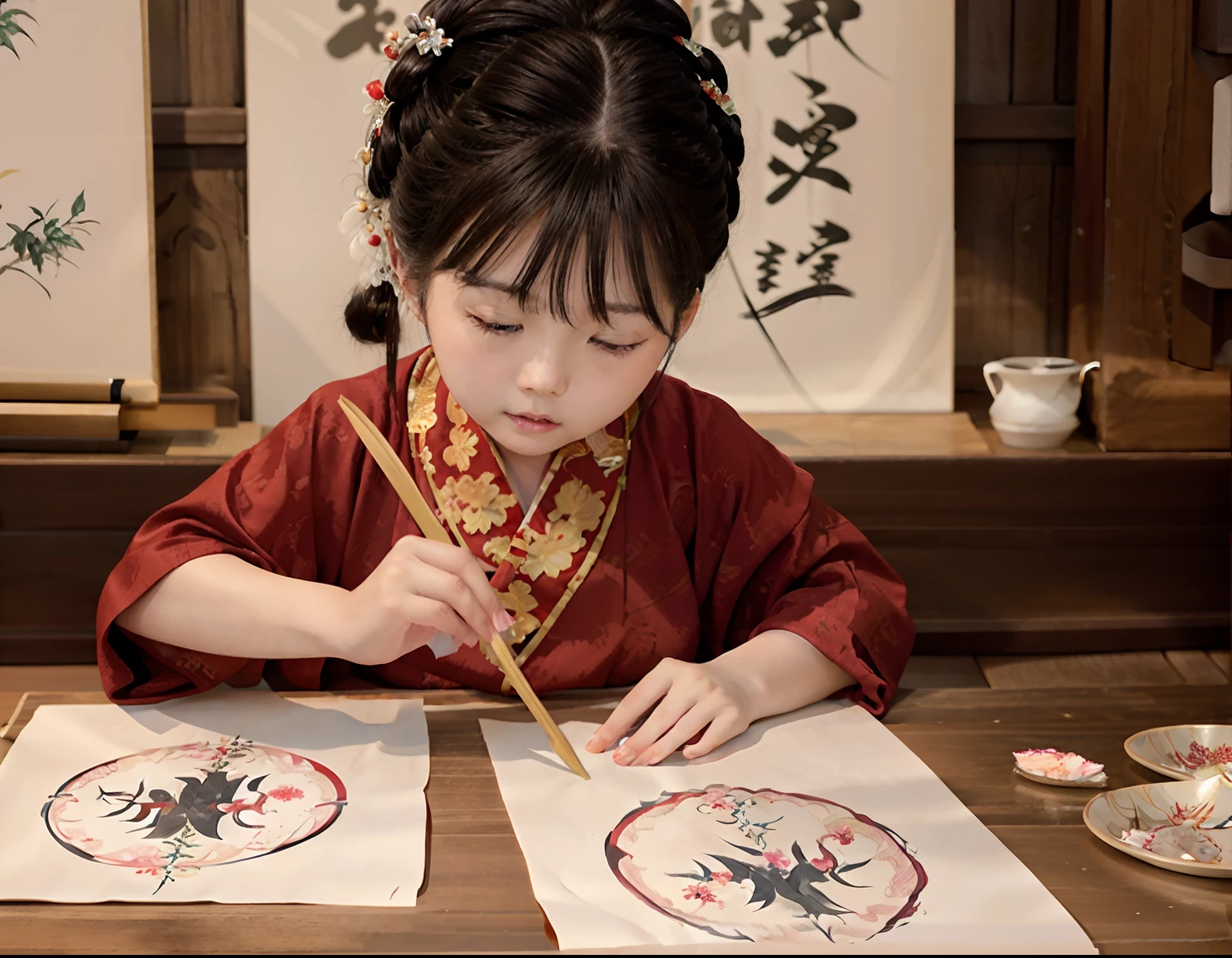 Asian girl draws red dress on paper with scissors, japanese calligraphy, Japanese style painting, japanese painting, traditional japanese painting, traditional japanese, traditional japanese art, Chinese girl, Chinese traditional, chinese calligraphic painting, inspired by Shūbun Tenshō, kids drawing, inspired by Kanō Mitsunobu, japanese art art