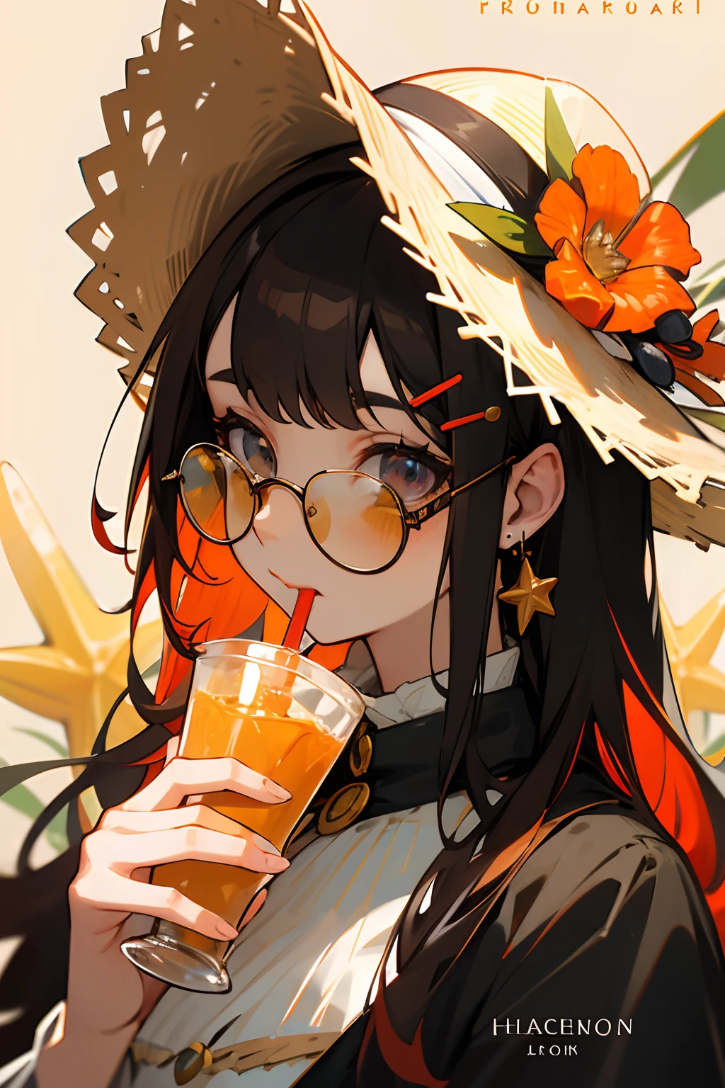 absurdres, highres, ultra detailed, 1girl, solo, extremely detailed eyes, starfish, seashell, shell, flower, hat, hair ornament, jewelry, straw hat, looking at viewer, sunglasses, hat flower, drinking straw, hairclip, earrings, red flower, tinted eyewear, yellow flower, bangs, english text, multicolored hair, orange flower, black hair, ring, cup, long hair, orange-tinted eyewear, food, brown hair, portrait, shell hair ornament
