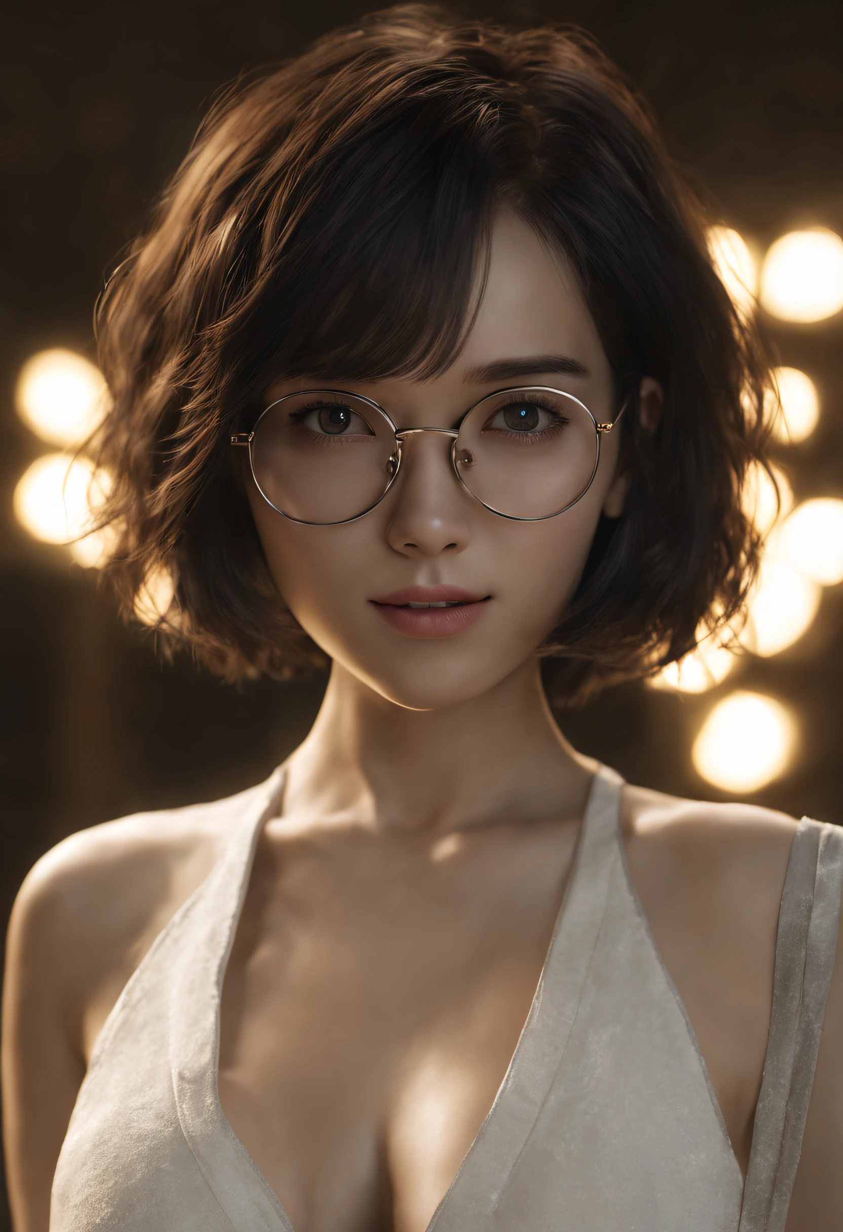 (​masterpiece:1.3), (8K, Photorealsitic, Raw photography, Top image quality: 1.4), (1girl in), beauitful face, (Lifelike face), (A dark-haired, short cut hair:1.3), Beautiful hairstyle, realisticeyes, beautiful finely detailed eyes, (real looking skin), Beautiful skins, (Round glasses), absurderes, enticing, 超A high resolution, A hyper-realistic, high detailing, the golden ratio, (natta, murky, Rim lighting),White Bikini、full body,selfee.Smile.large full breasts:1.5