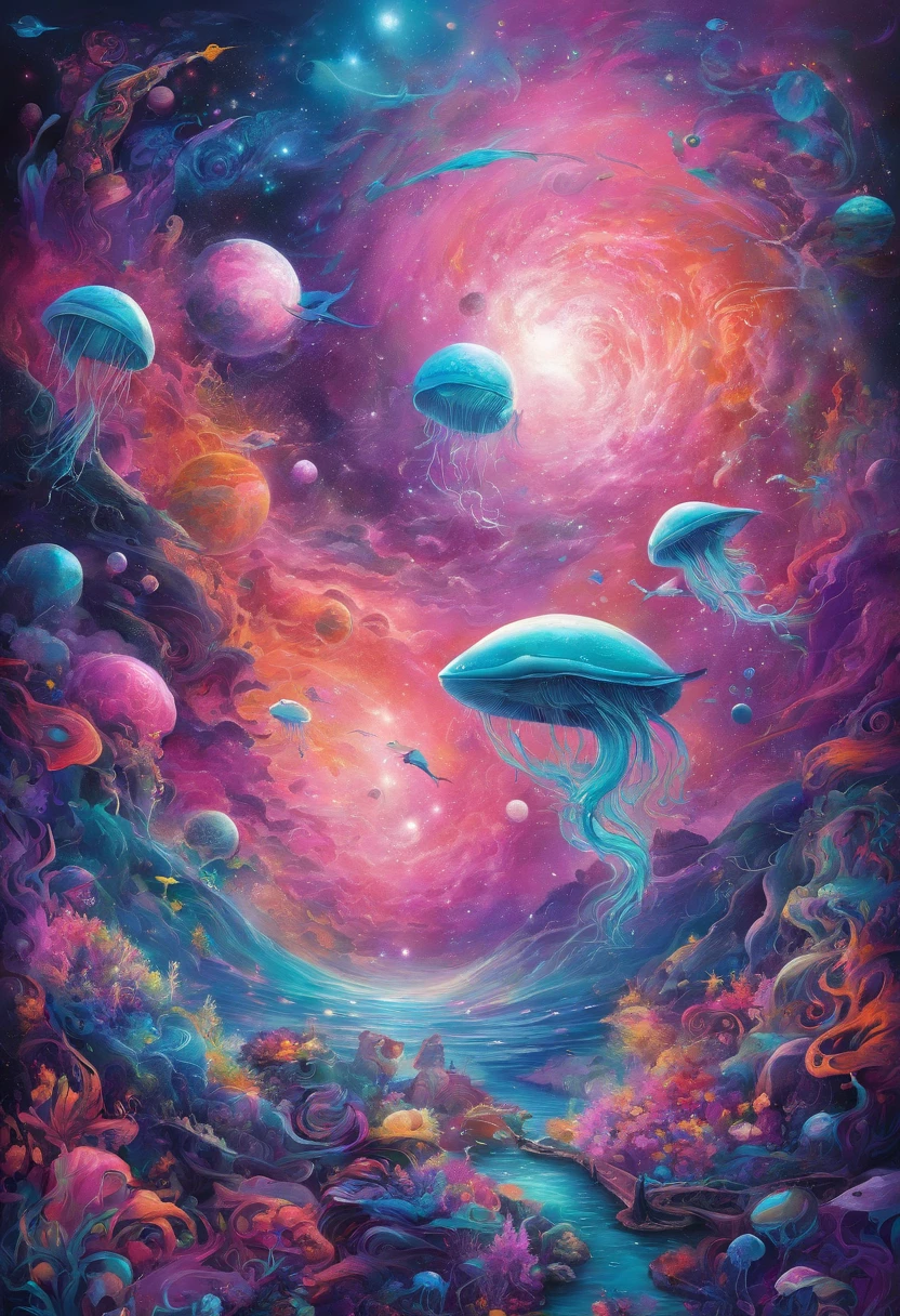 "(Best quality,A high resolution,Masterpiece:1.2),Vivid colors,Ultra-detailed,Flying jellyfish and whales in space,view of the cosmos,Colorful nebula,glittering stars,Fragile beauty,Otherworldly creatures,Ethereal atmosphere,Engaging anti-gravity scenes,Alien sea creatures,Swim gracefully in zero gravity,fantastic composition,Surreal celestial ballet,atranslucentbody,Bioluminescent traces,Illuminate the dark abyss,awe-inspiring spectacle,Turquoise tones,Indigo and violet,Interstellar exploration,Pulsating energy,cohabiting peacefully,Harmony in the universe" Pink theme, pink gradient