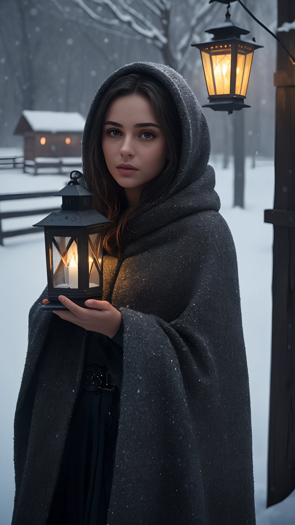 (Highest Quality: 1,3), The girl is beautiful,morena,Standing by the lantern,A lantern illuminates her,winter,Cold ,snowfall, Cinematic Snapshot, tmasterpiece, (sharp-focus: 1,5), (photo-realistic: 1,3), medium portrait of, giving the scene a gloomy atmosphere, but giving the shapes a sharp chiaroscuro), the night, (very detailed skin), (detailized face), Detailed background, Dark lighting, crepuscular lighting, voluminous lighting, Complicated details, UHD,