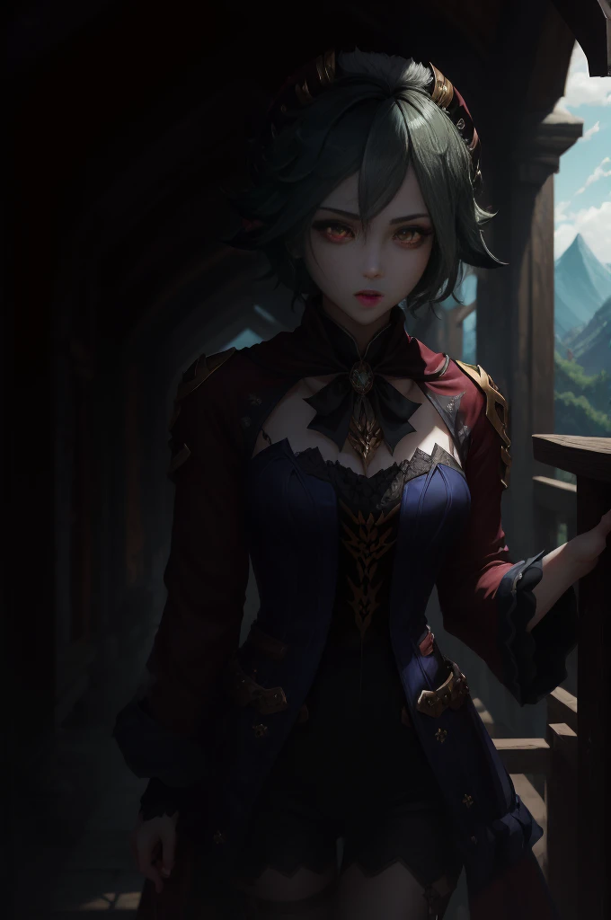 Vampire Girl , Masterpiece, ,(独奏:1.1), a perfect face, (vivid lighting:1.2),beautiful detail eyes, extremely detailed face, perfect lighting,Masterpiece, Best Quality, 1girl, pale skin, hairlong, 20years old , red eyes, fangs, A glass of blood in his hand, Complex hairstyle, vampire fangs, open mouth, sharp teeth, vampire fangs, in full height , Seductive posesSucrosedef, upper-body, ssmile, blushful, En plein air, jour, Simple background, blue skies, Short Hair Hair, The sky, temple, looks at the viewer, ladder, mountain, Gloomy lighting,