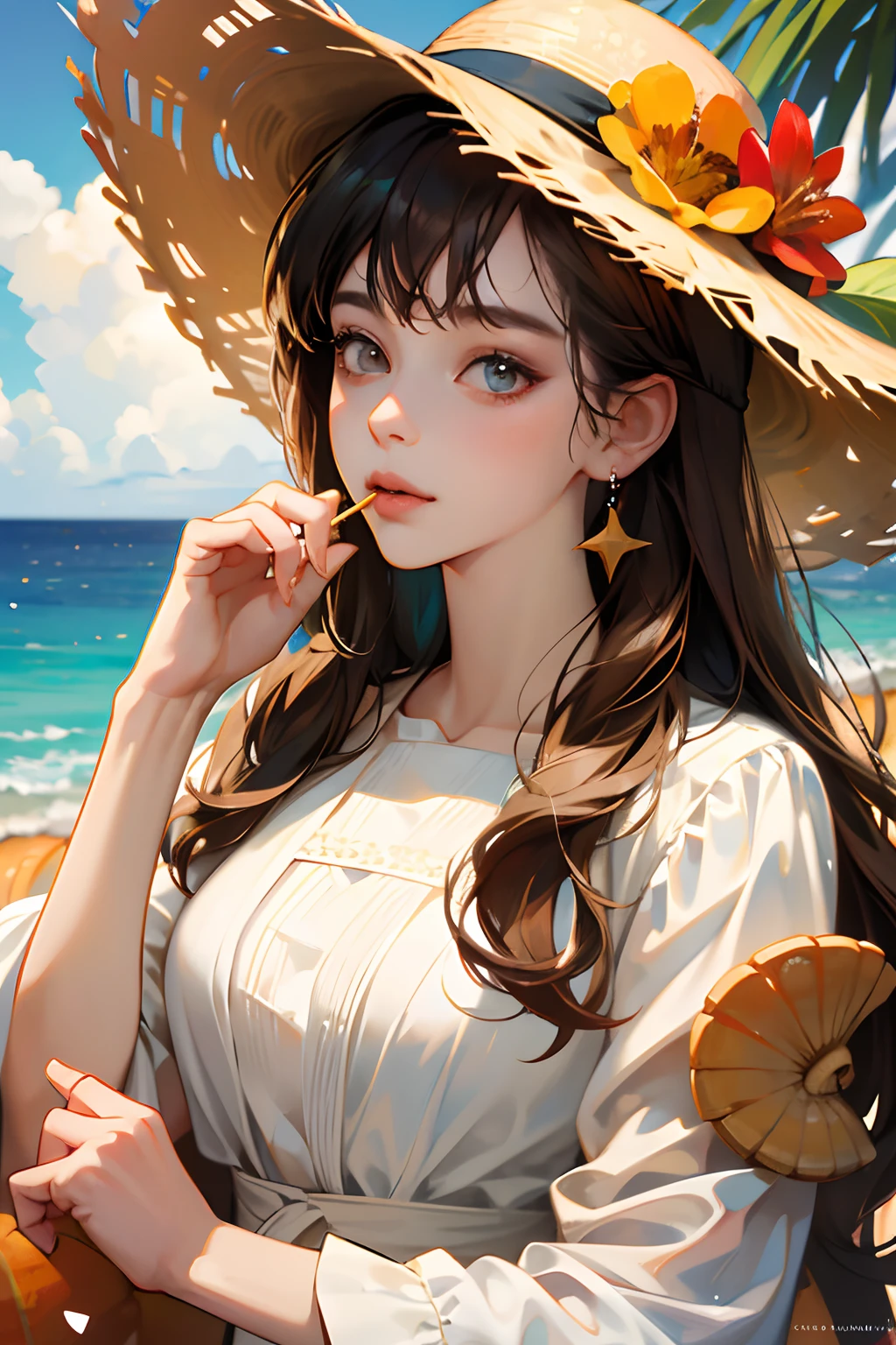 absurdres, highres, ultra detailed, 1girl, solo, extremely detailed eyes, starfish, seashell, shell, flower, hat, hair ornament, jewelry, straw hat, looking at viewer, sunglasses, hat flower, drinking straw, hairclip, earrings, red flower, tinted eyewear, yellow flower, bangs, english text, multicolored hair, orange flower, black hair, ring, cup, long hair, orange-tinted eyewear, food, brown hair, portrait, shell hair ornament