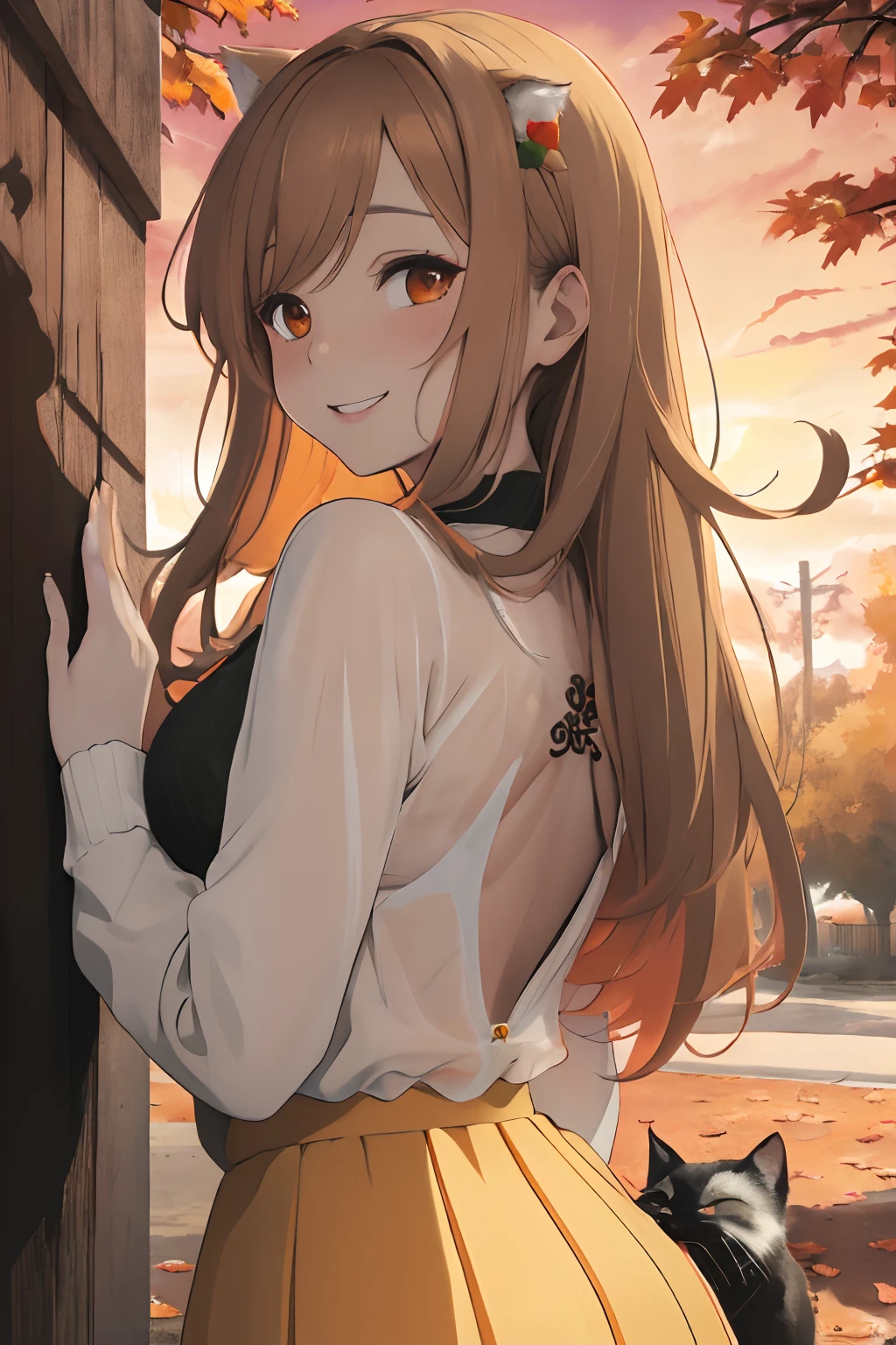 Park of autumn leaves,Orange sky at sunset,fluffy hair,Light brown hair with green inner color,the eyes are orange,Sexy outfits,White skirt&Coordinate with a see-through top,Light blue,black and green,Long sleeves with a sense of transparency,Hair Band,Squatting on the spot、Turned,Lots of stray cats,Stroking the cat's head,Multiple cats are rubbing against my paws,SEX,AHE Face,The back is visible,posterior view,squinted、Give them a happy face,Smile on his face,Protruding buttocks,Sexy lips,It has a lustful look,Sleepy face,heart mark,red tide,