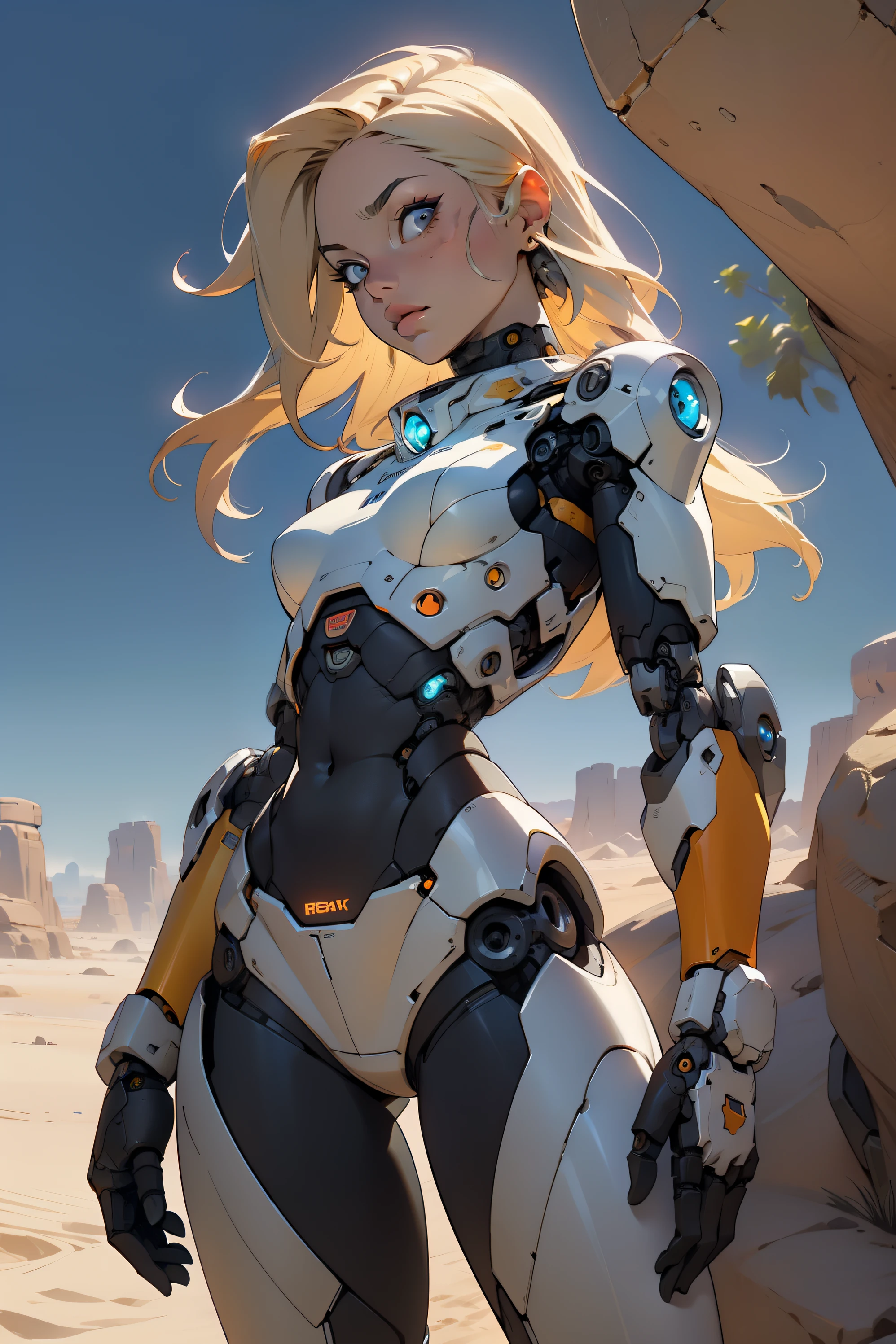 high quality, 4k, masterpiece, beautiful, cyborg girl, cowboy shot, dull eyes, looking at viewer, long blonde hair, girl, small breasts, fit thigh, robotic arms, robotic body, cyborg body, yellow accent, orange accent, intricate detail, joint, detailed lines, robotic detail, holding fist up, holding hand up as fist, color robotic parts, robotic parts with color, perfect fingers, on a desert planet, sunny background, colorful desert,