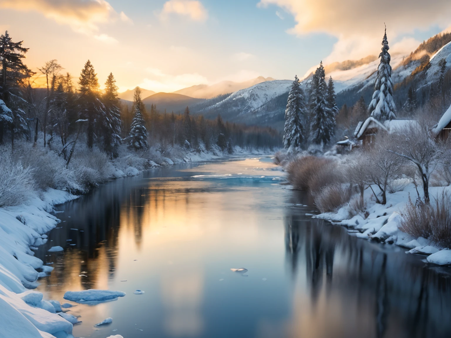 A high resolution，ultra - detailed，offcial art，统一 8k 壁纸，ultra - detailed，Beauty and aesthetics，Master masterpieces，best qualtiy，Solo, reality, Winter dawn, Crooked streams，The pine trees along the river are covered with ice crystals, Ice and snow，The rising sun is golden，Shine by the river，Bring a little warmth to the cold winter，（Zen entanglement，Ice and snow，Tangled，entangled），（s fractal art：1.3），Photorealistic photorealism，（Master masterpieces，top-quality，best qualityer，offcial art，Beauty and aesthetics：1.2），Very detailed，s fractal art，Variegated，Most details，zentangle，（abstract backgrounds：1.5）